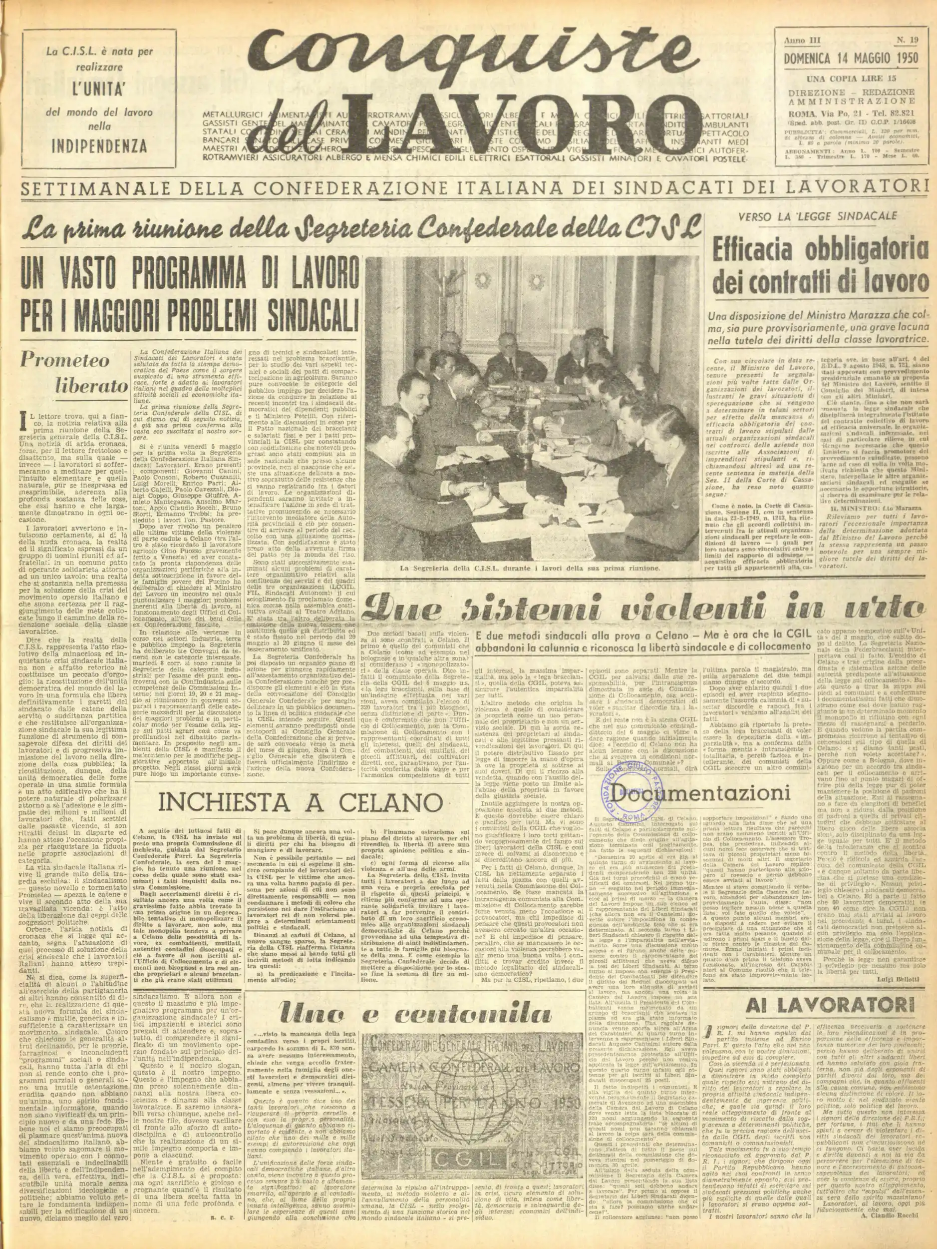 Conquiste del Lavoro del 14/05/1950 N. 19 Anno 3