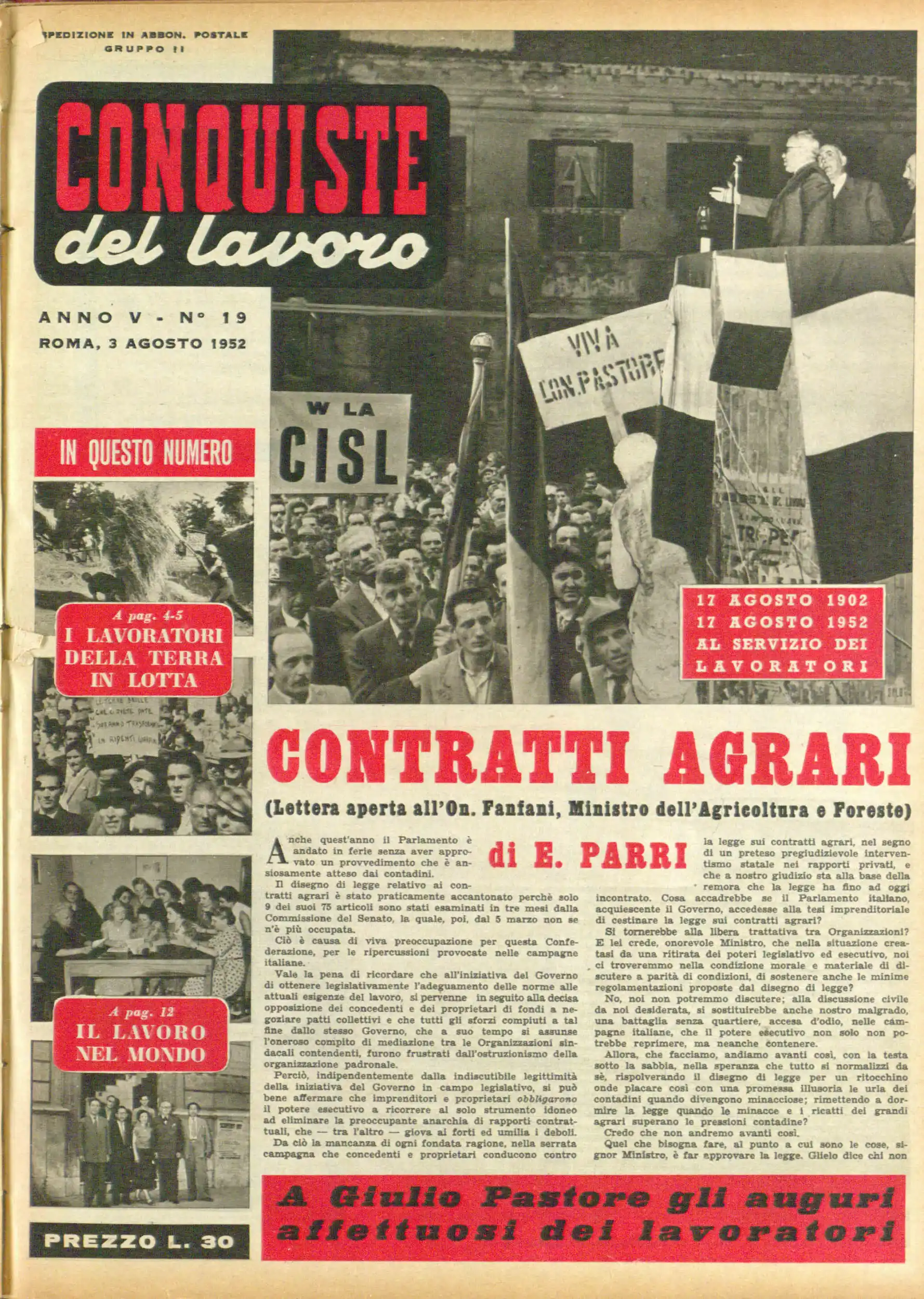 Conquiste del Lavoro del 03/08/1952 N. 19 Anno 5