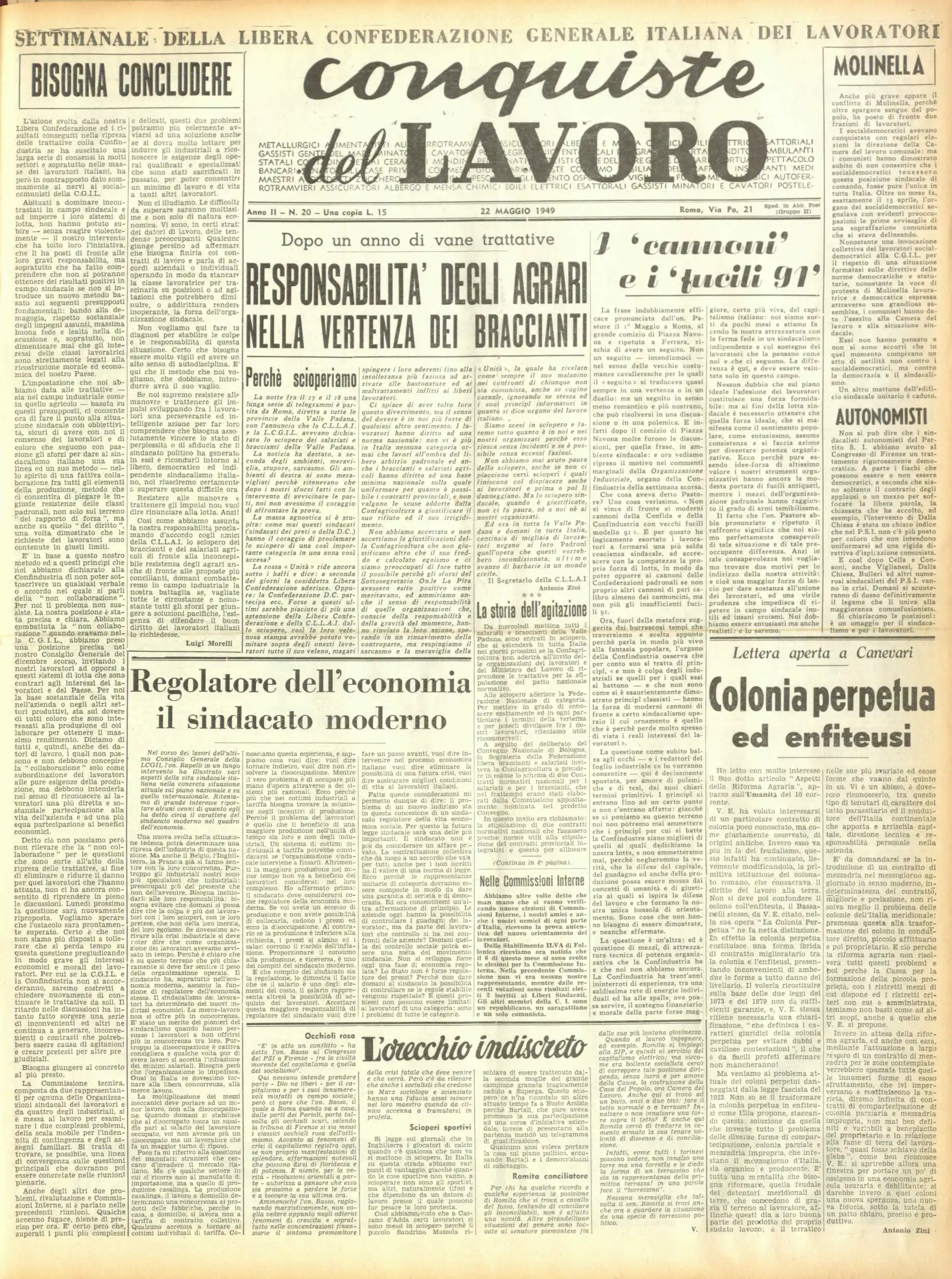 Conquiste del Lavoro del 22/05/1949 N. 20 Anno 2