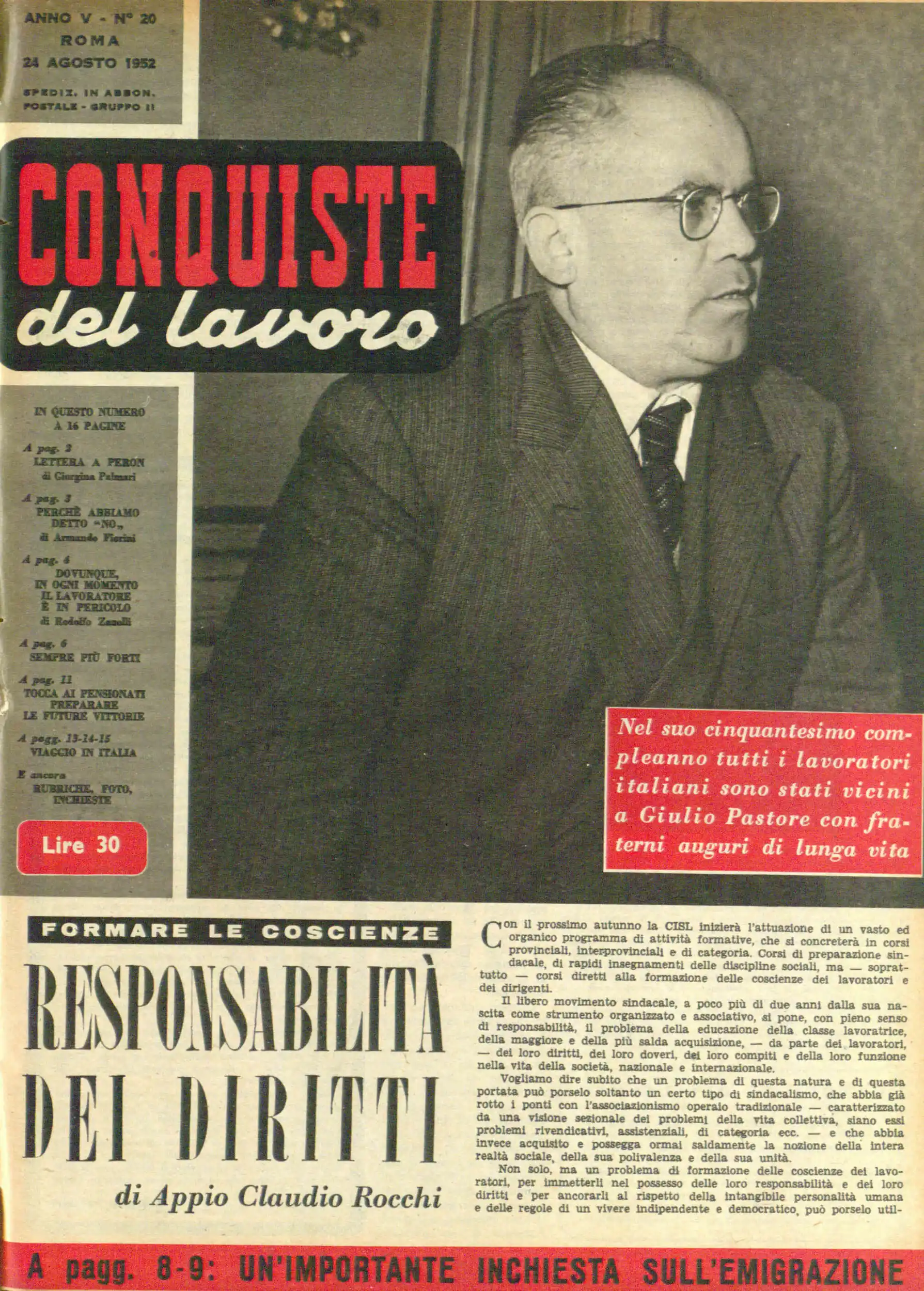 Conquiste del Lavoro del 24/08/1952 N. 20 Anno 5