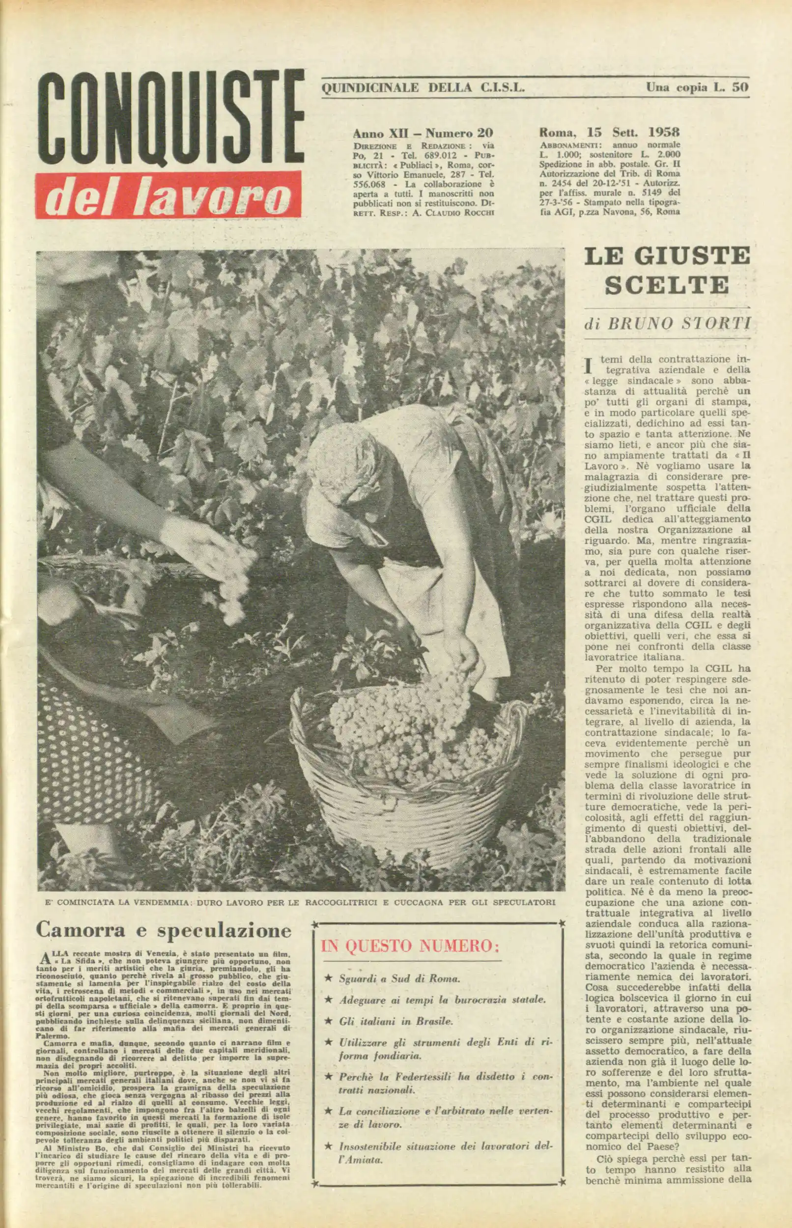 Conquiste del Lavoro del 15/09/1958 N. 20 Anno 11