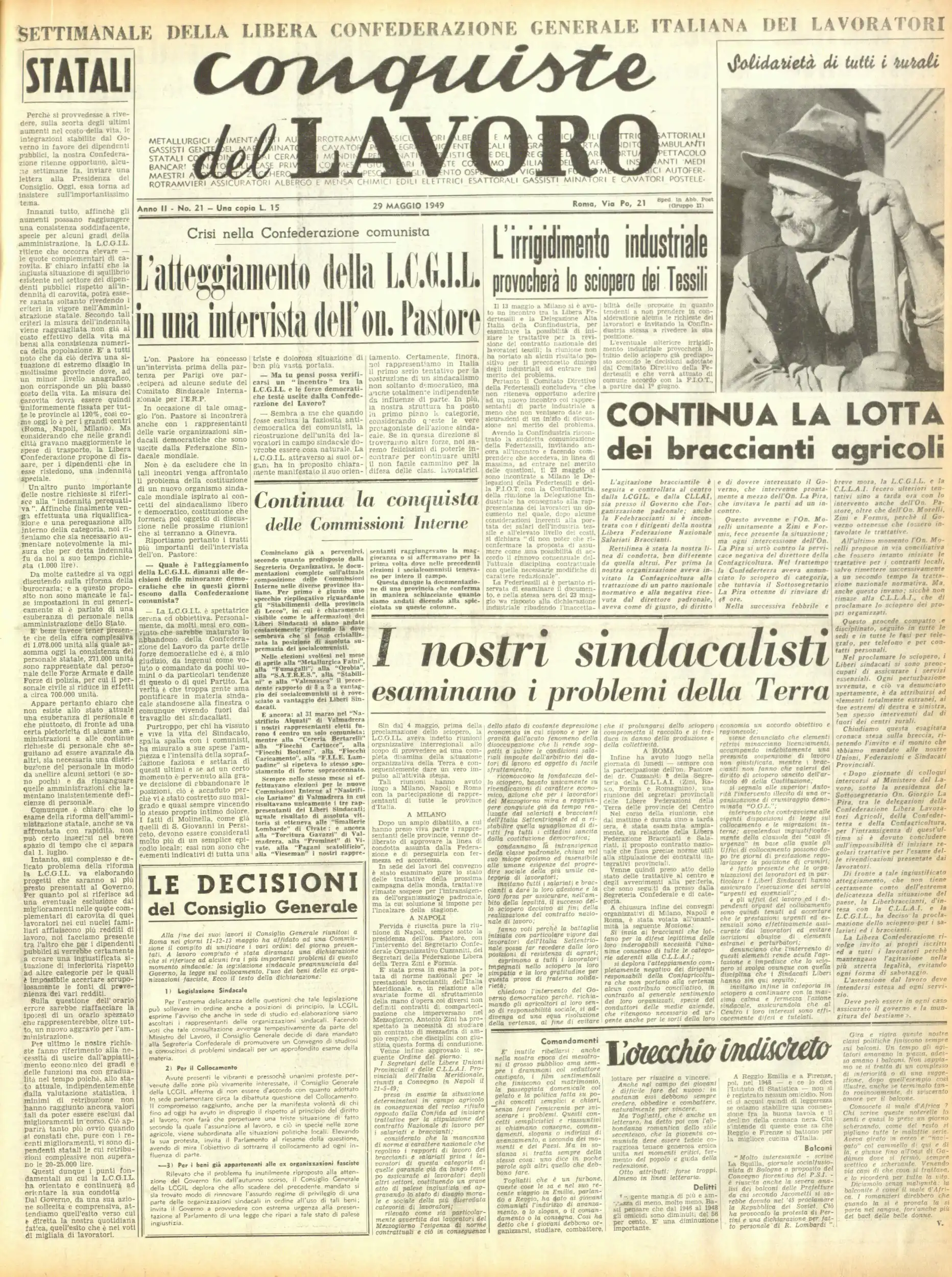 Conquiste del Lavoro del 29/05/1949 N. 21 Anno 2