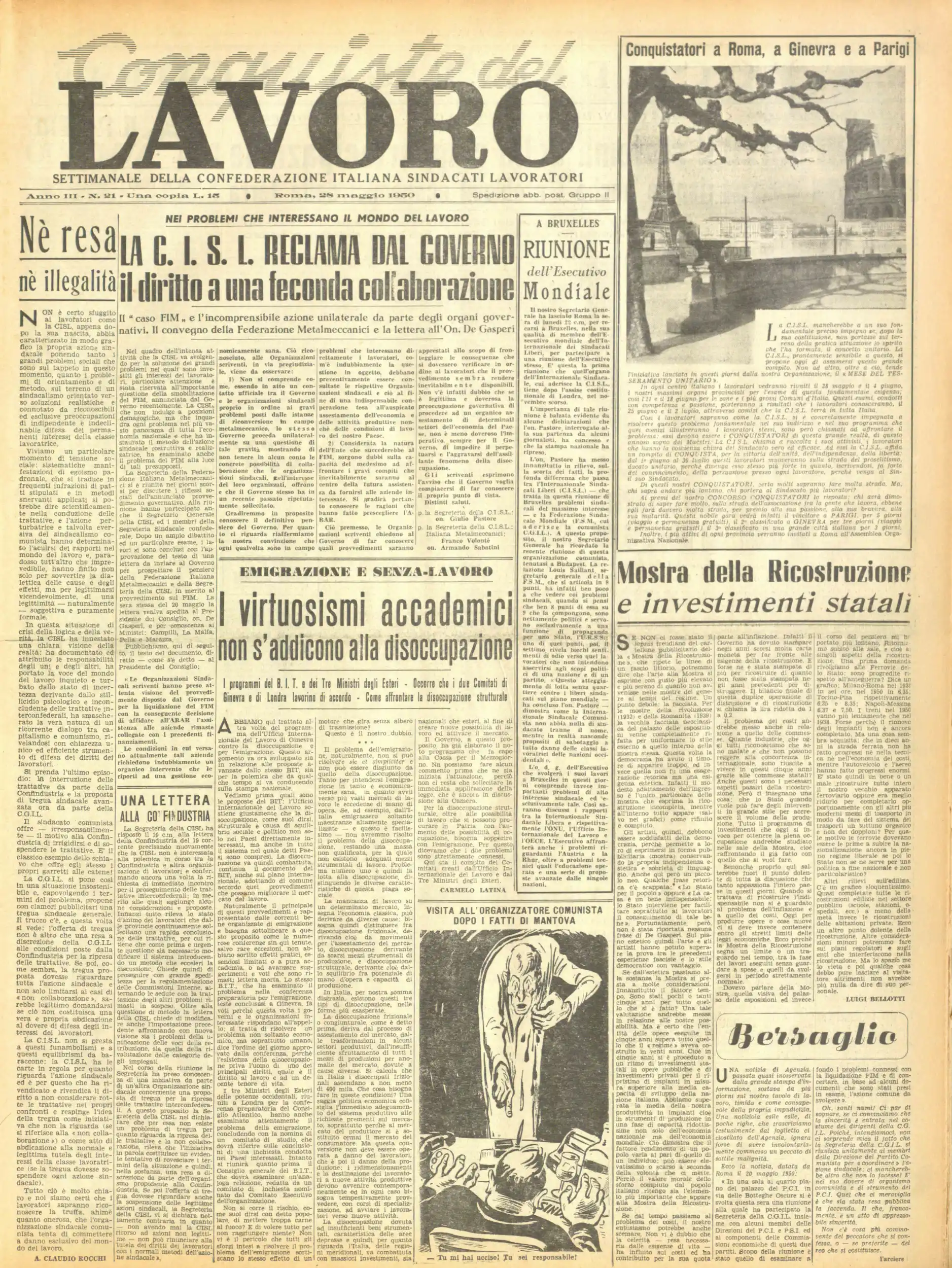 Conquiste del Lavoro del 28/05/1950 N. 21 Anno 3