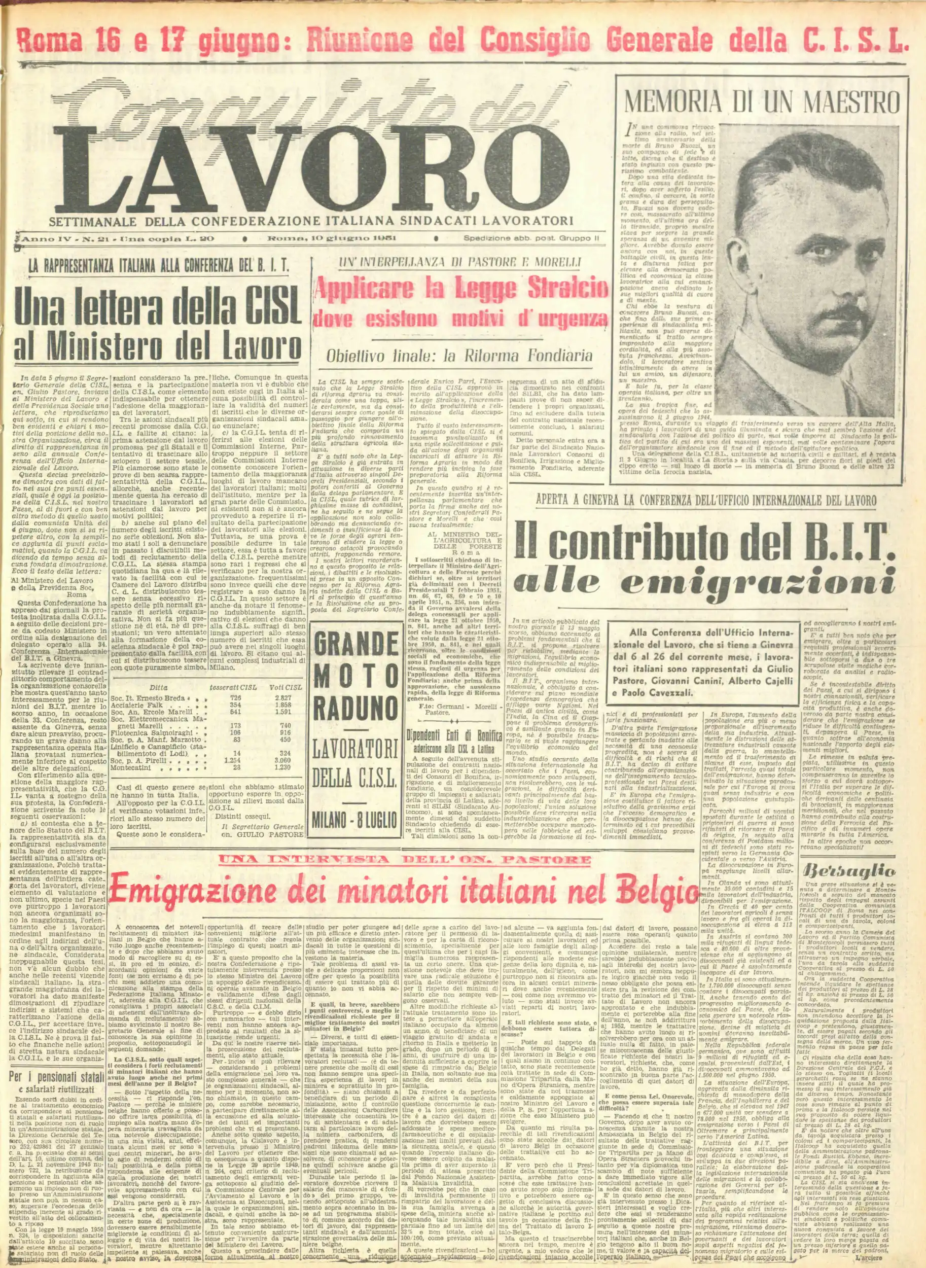 Conquiste del Lavoro del 10/06/1951 N. 21 Anno 4