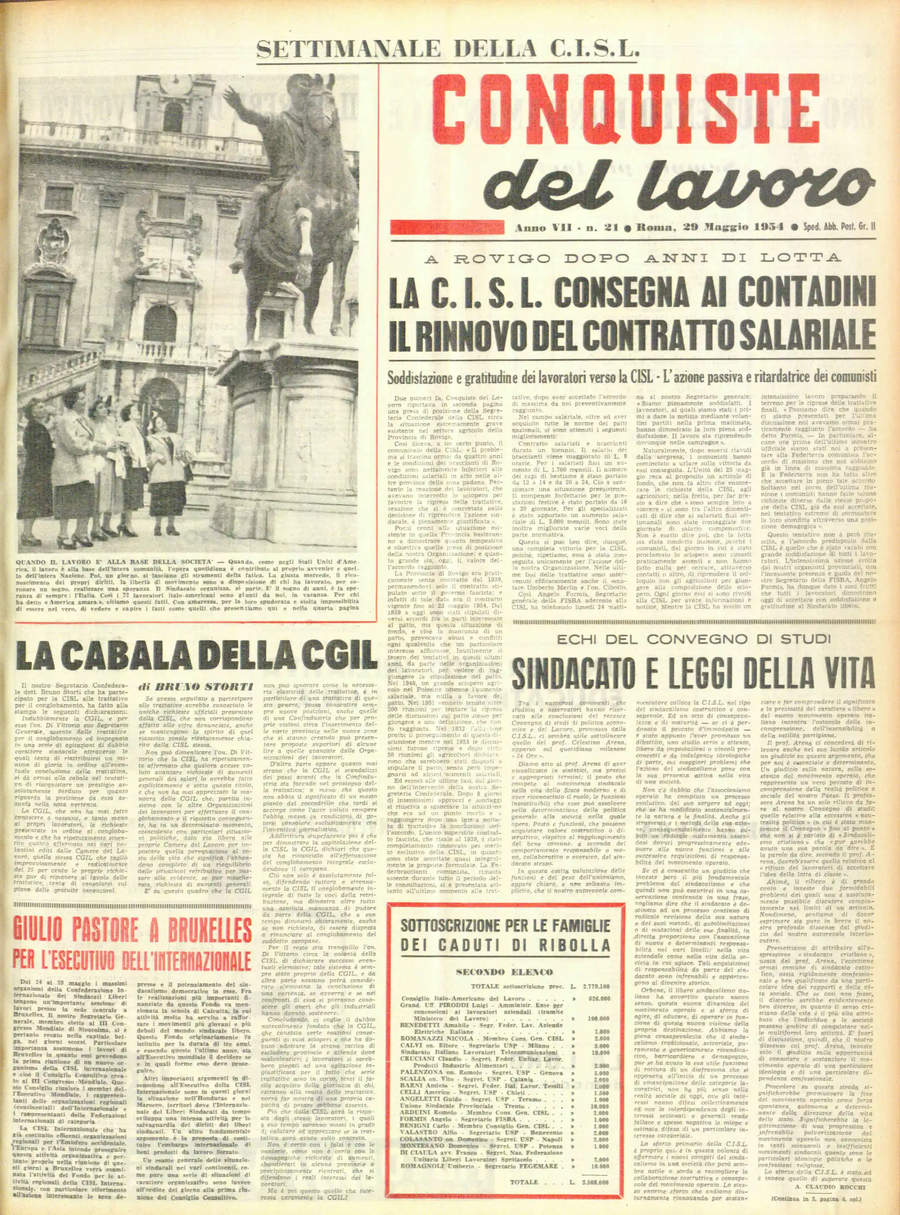 Conquiste del Lavoro del 29/05/1954 N. 21 Anno 7