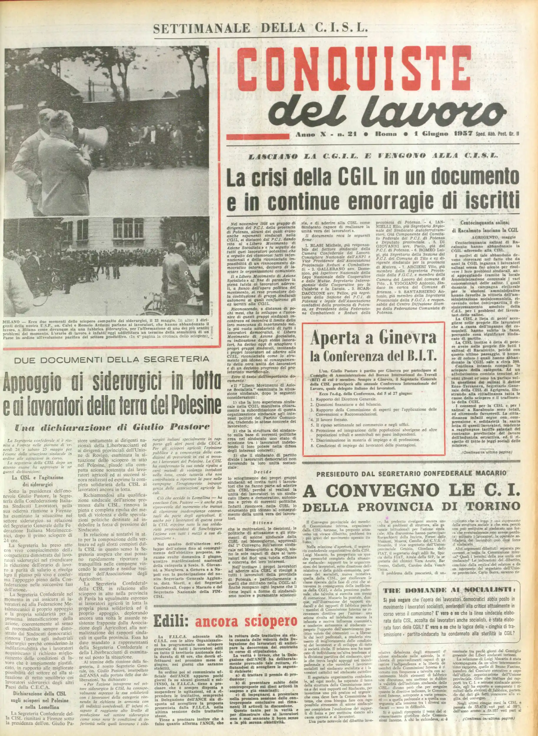 Conquiste del Lavoro del 01/06/1957 N. 21 Anno 10