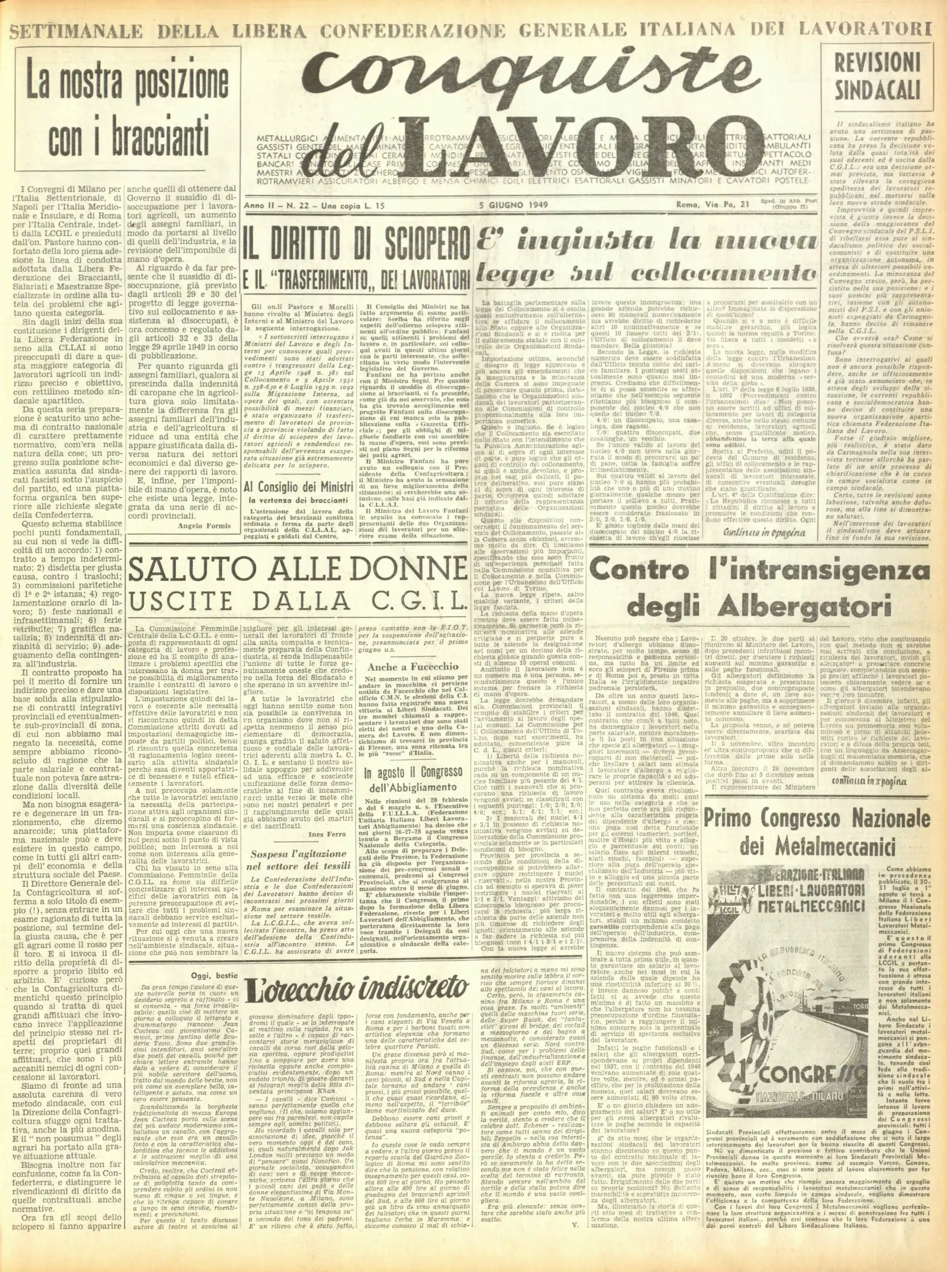Conquiste del Lavoro del 05/06/1949 N. 22 Anno 2