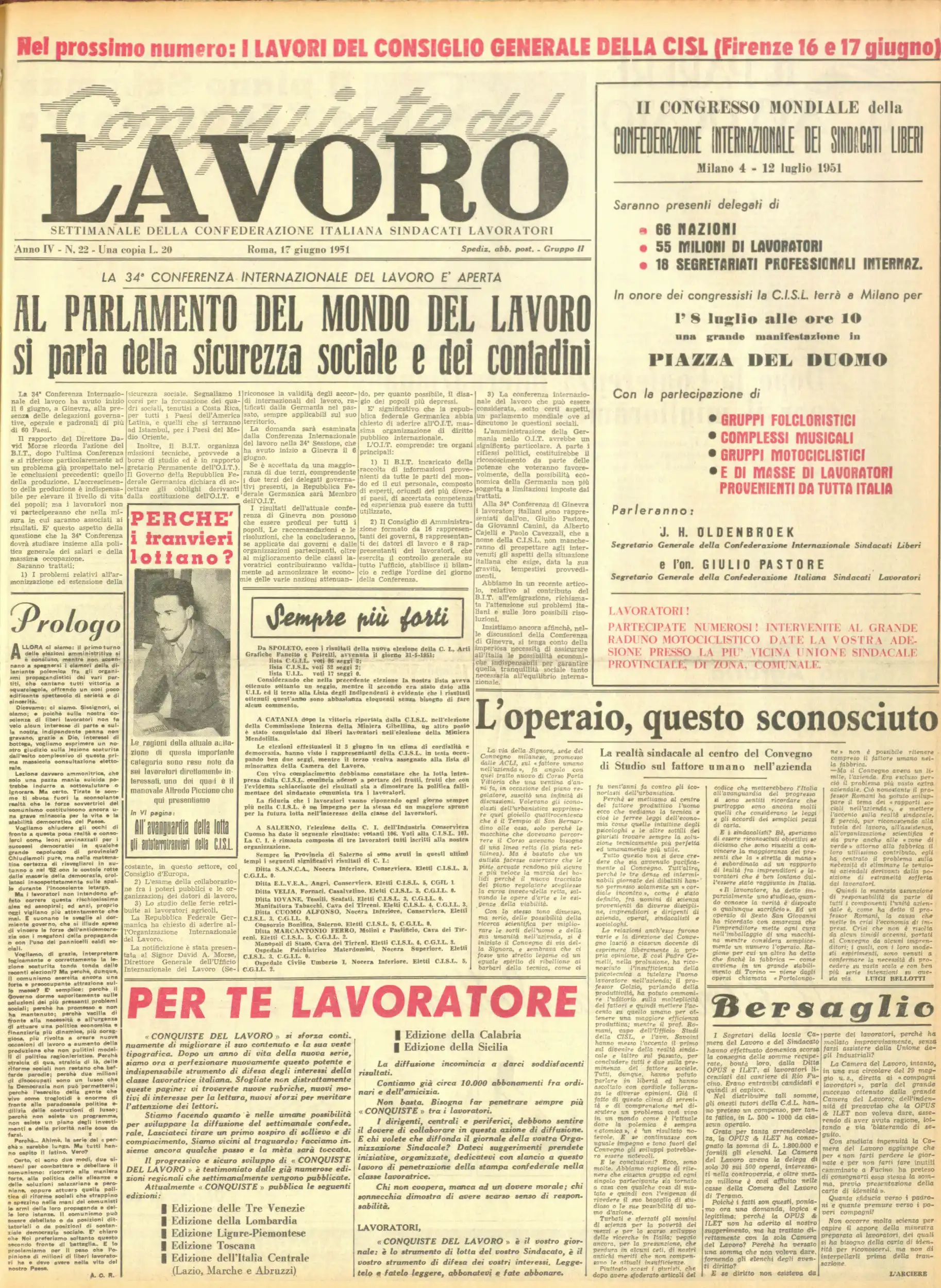 Conquiste del Lavoro del 17/06/1951 N. 22 Anno 4