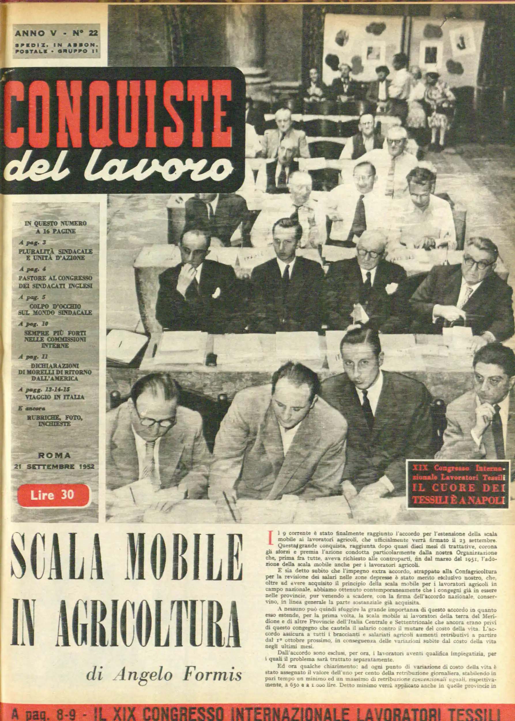 Conquiste del Lavoro del 21/09/1952 N. 22 Anno 5