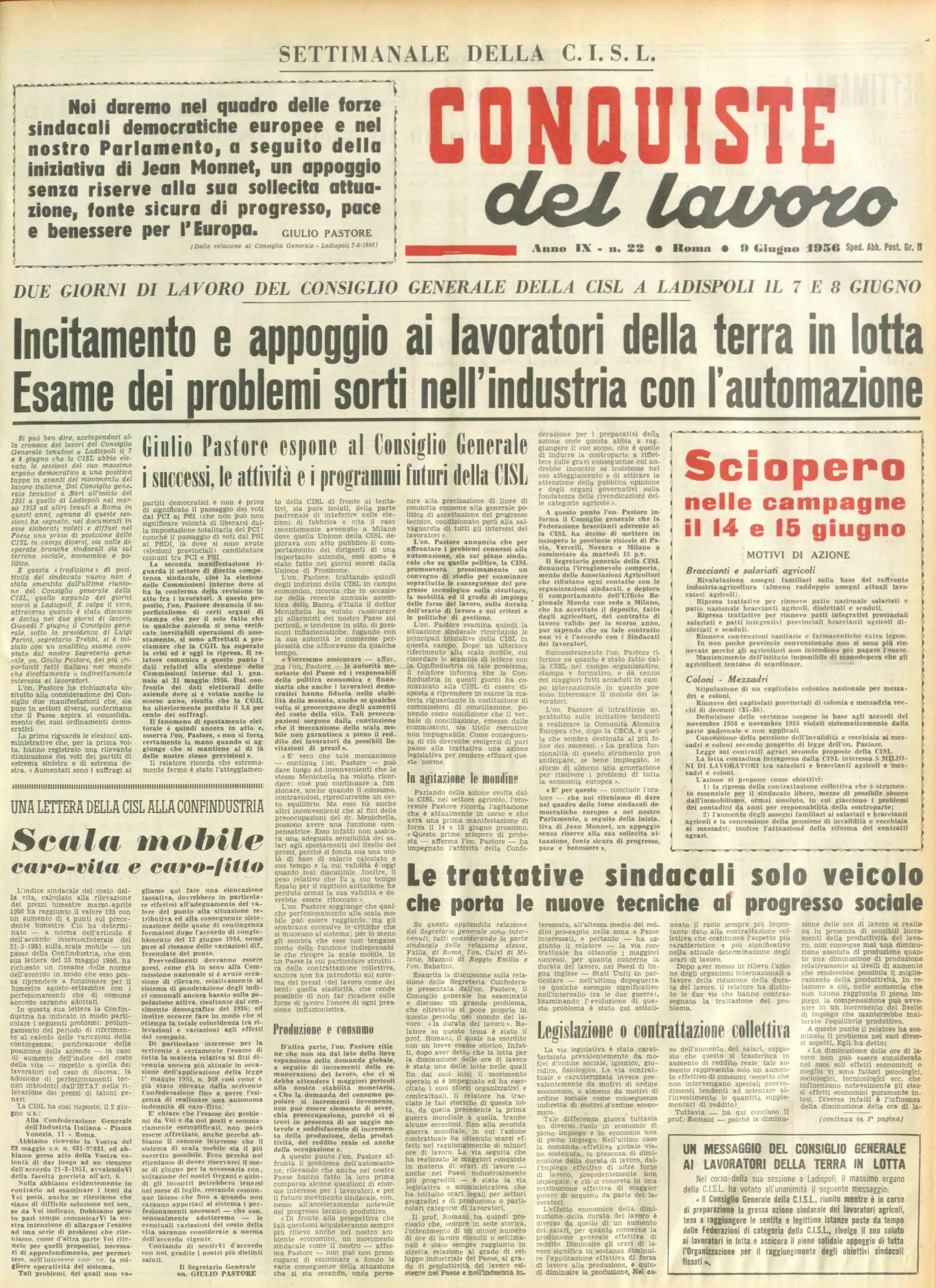 Conquiste del Lavoro del 09/06/1956 N. 22 Anno 9