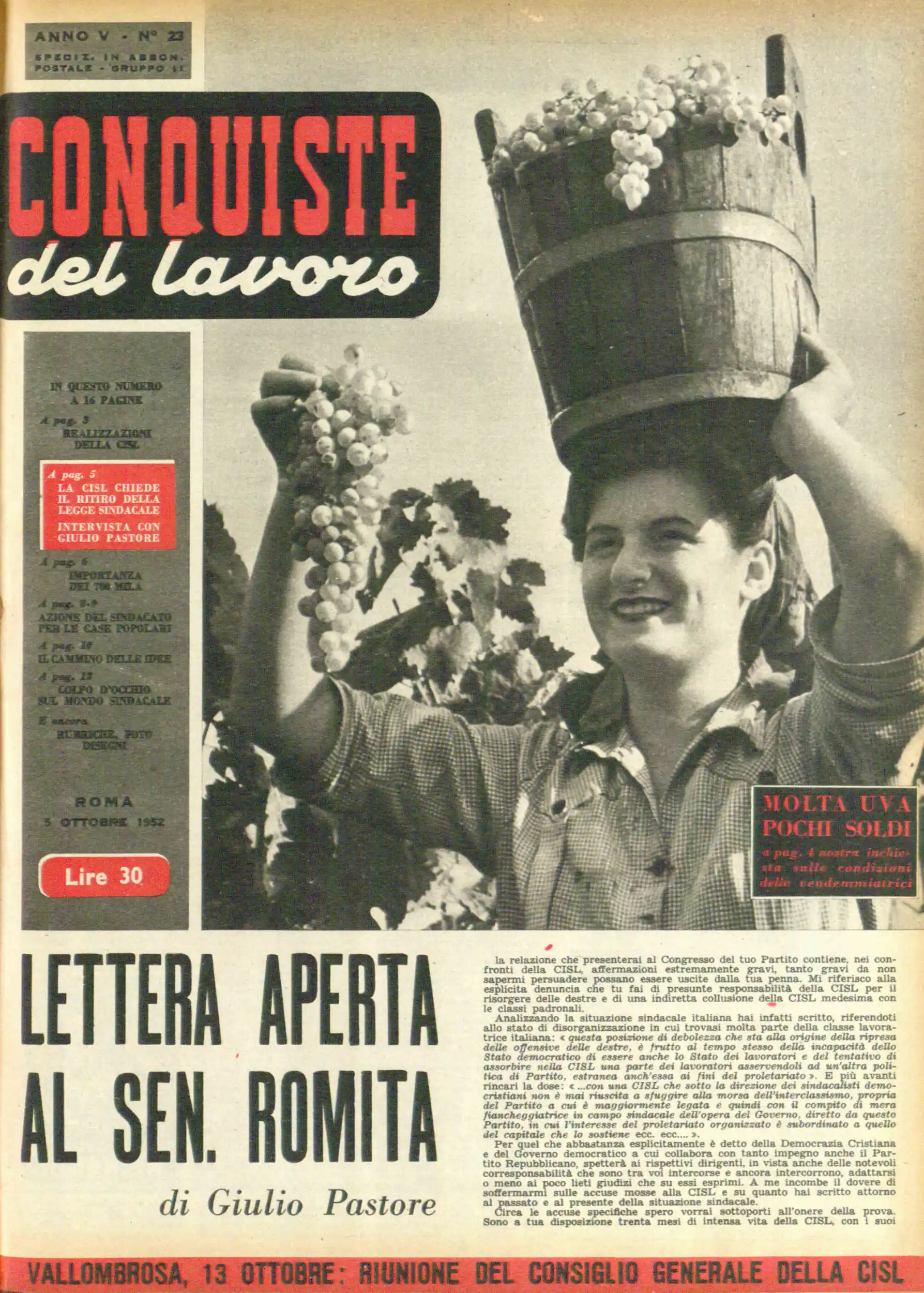 Conquiste del Lavoro del 05/10/1952 N. 23 Anno 5