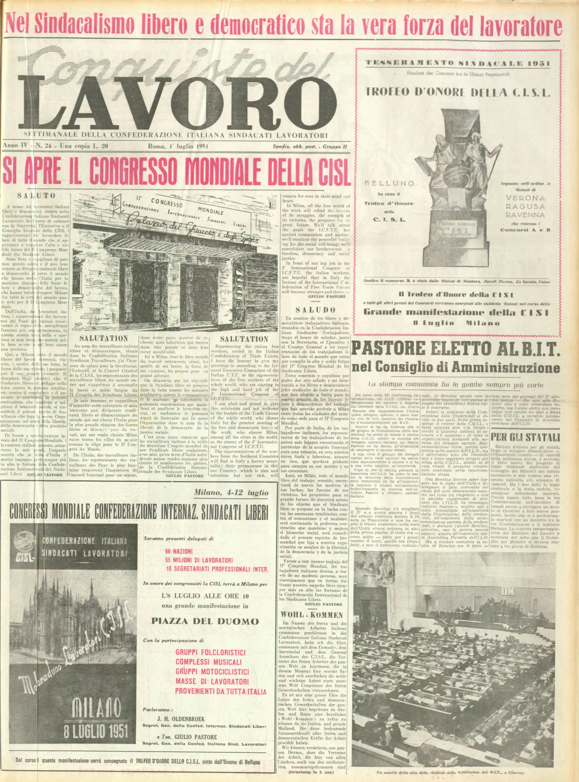 Conquiste del Lavoro del 01/07/1951 N. 24 Anno 4