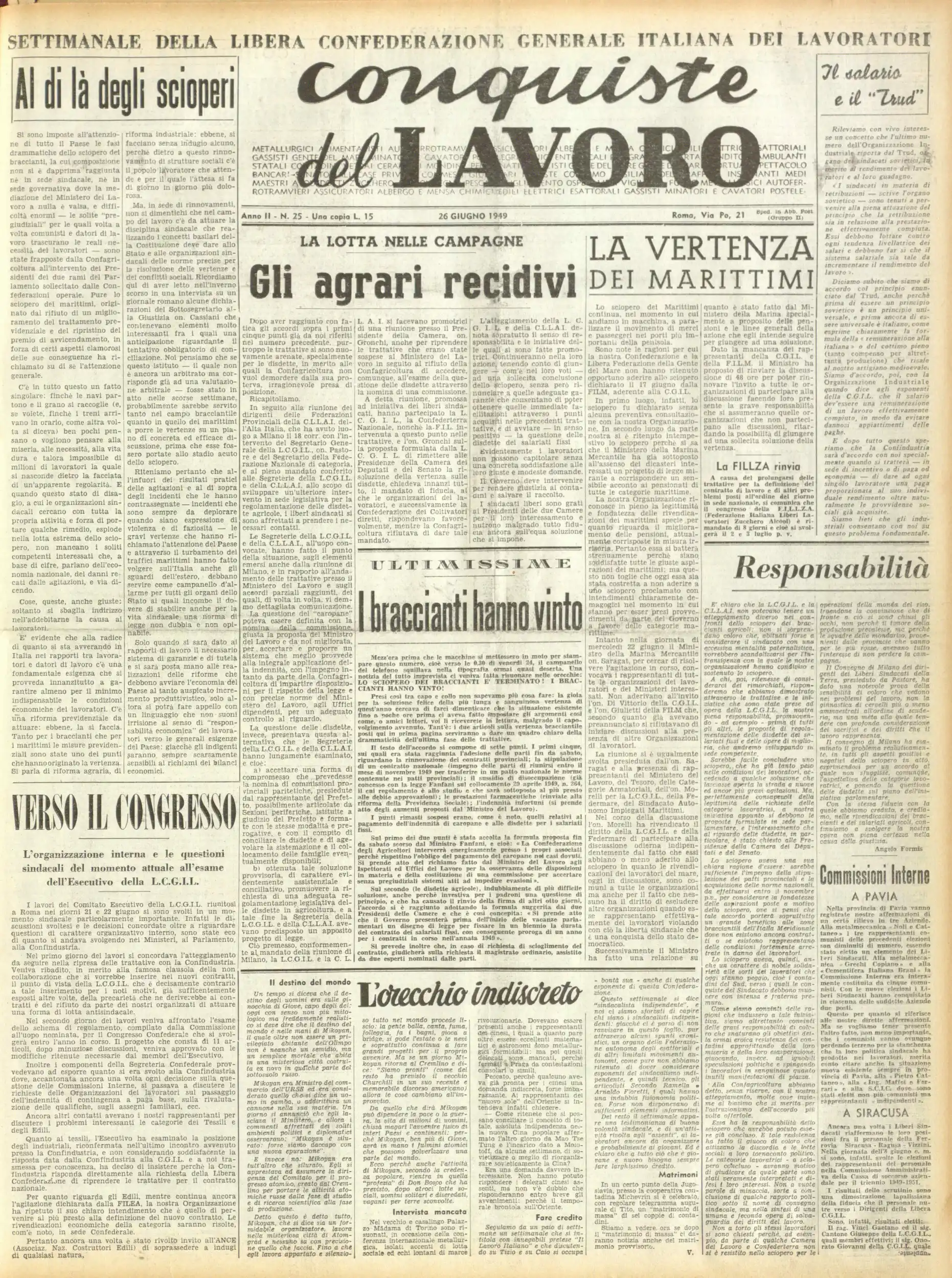 Conquiste del Lavoro del 26/06/1949 N. 25 Anno 2