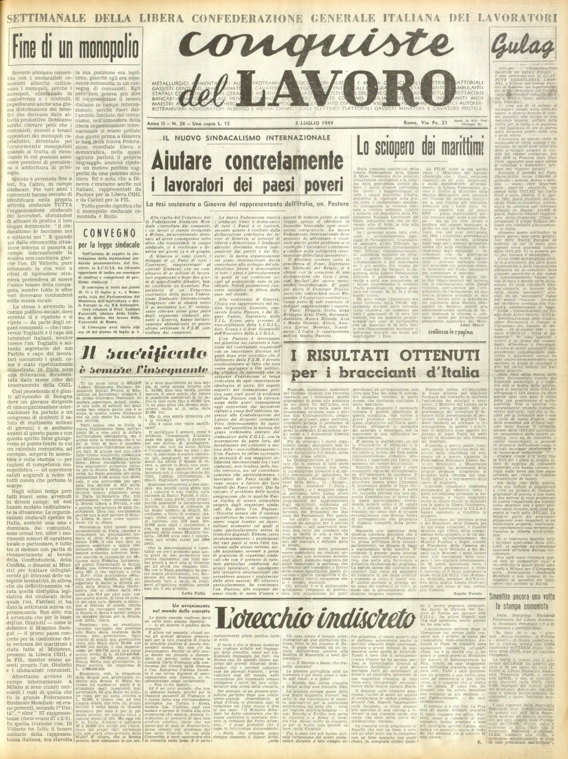 Conquiste del Lavoro del 03/07/1949 N. 26 Anno 2