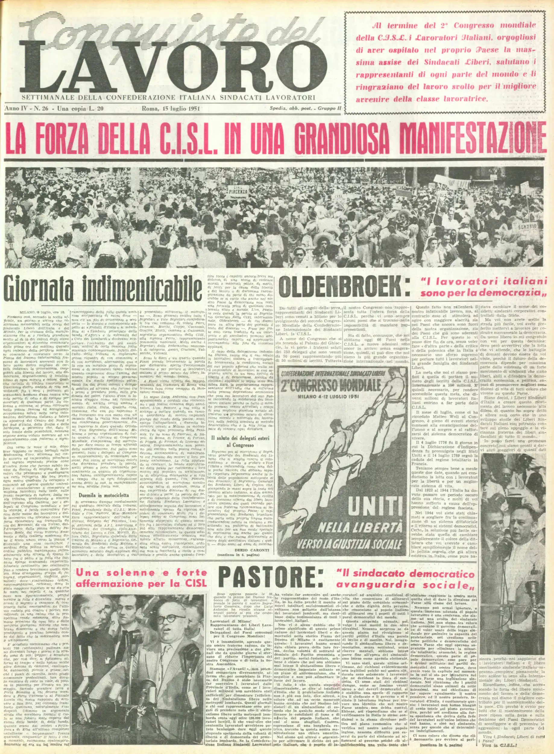 Conquiste del Lavoro del 08/07/1951 N. 26 Anno 4