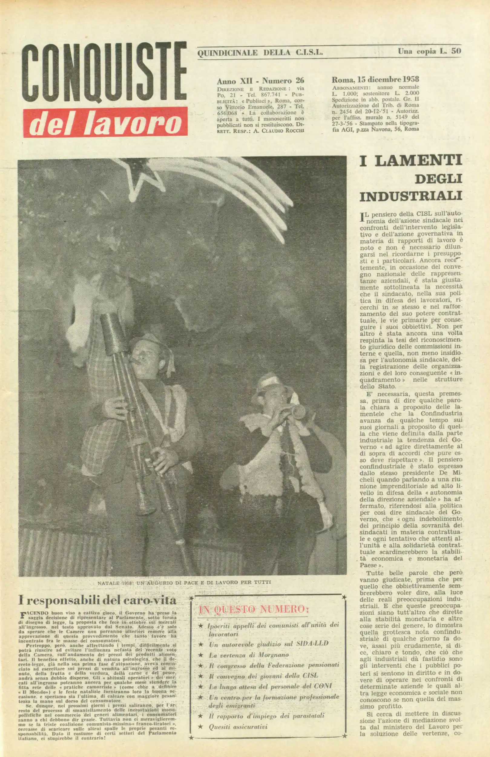 Conquiste del Lavoro del 15/12/1958 N. 26 Anno 11