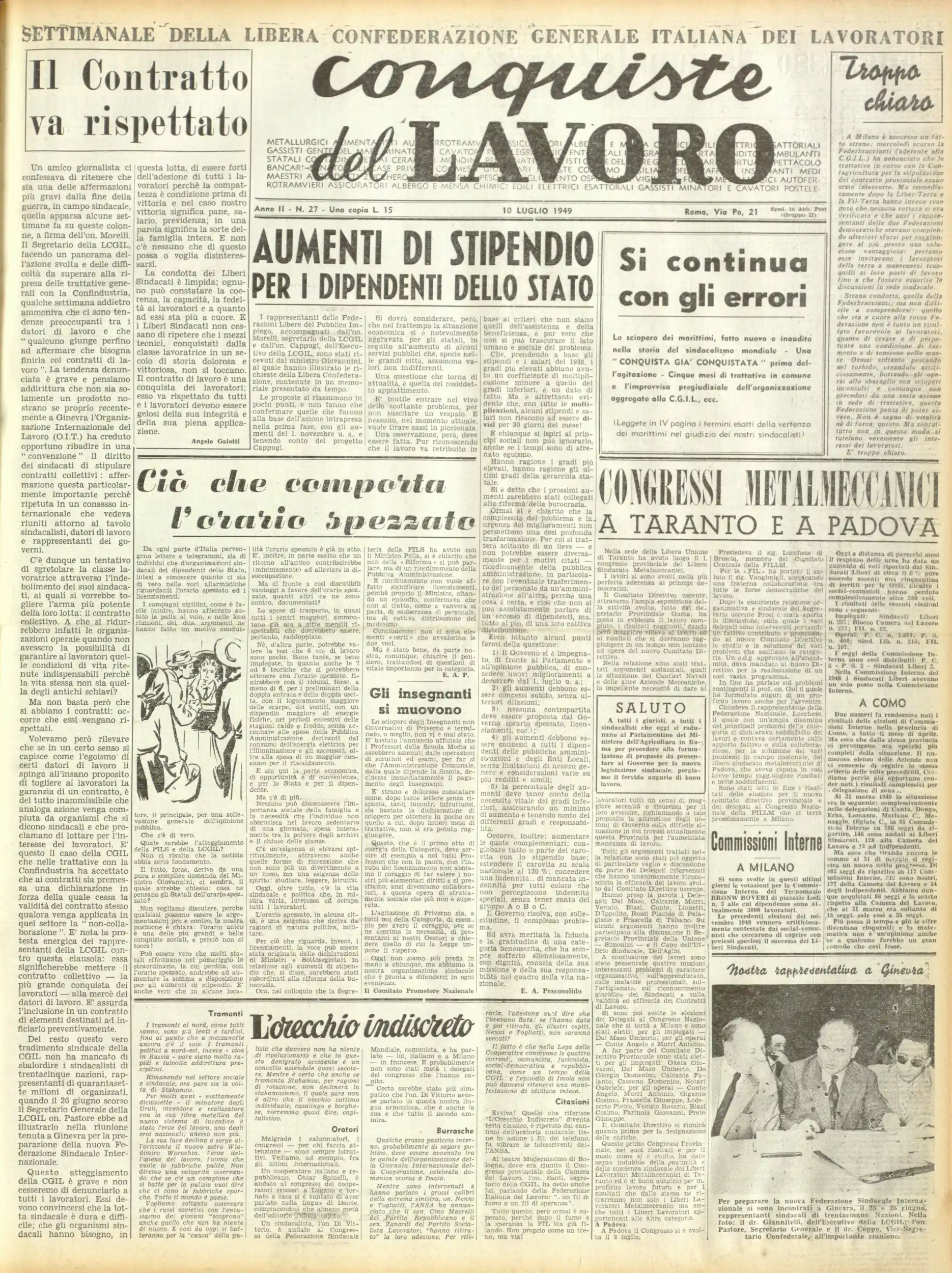Conquiste del Lavoro del 10/07/1949 N. 27 Anno 2