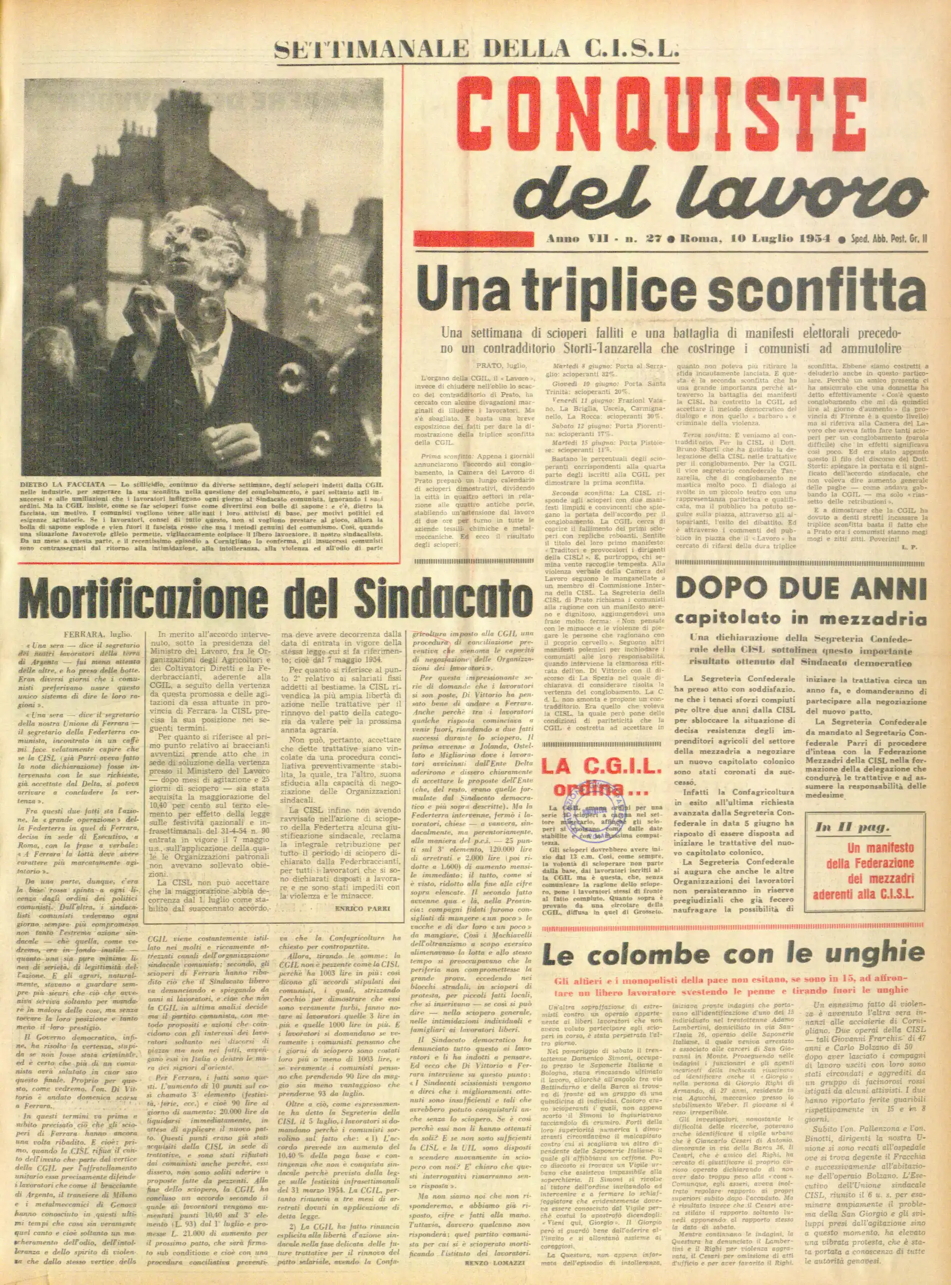 Conquiste del Lavoro del 10/07/1954 N. 27 Anno 7