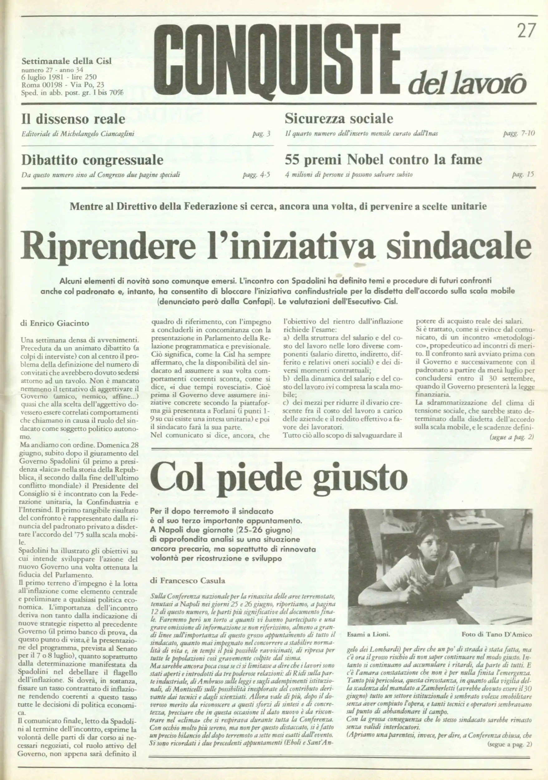Conquiste del Lavoro del 06/07/1981 N. 27 Anno 34
