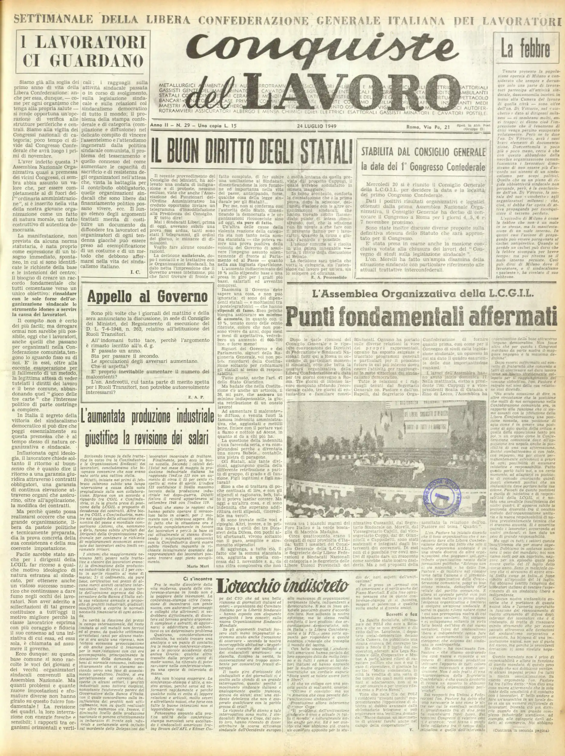 Conquiste del Lavoro del 24/07/1949 N. 29 Anno 2