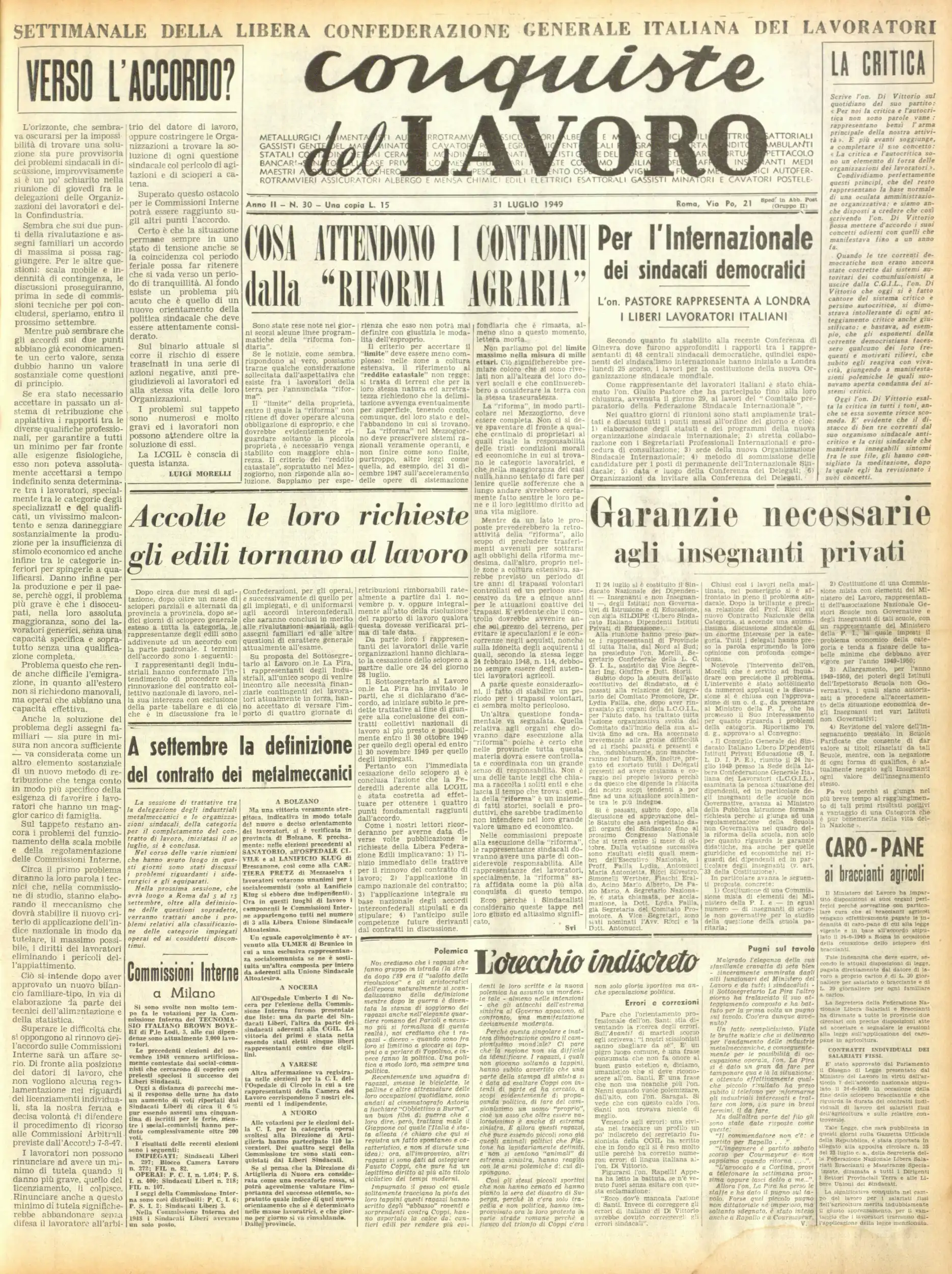 Conquiste del Lavoro del 31/07/1949 N. 30 Anno 2