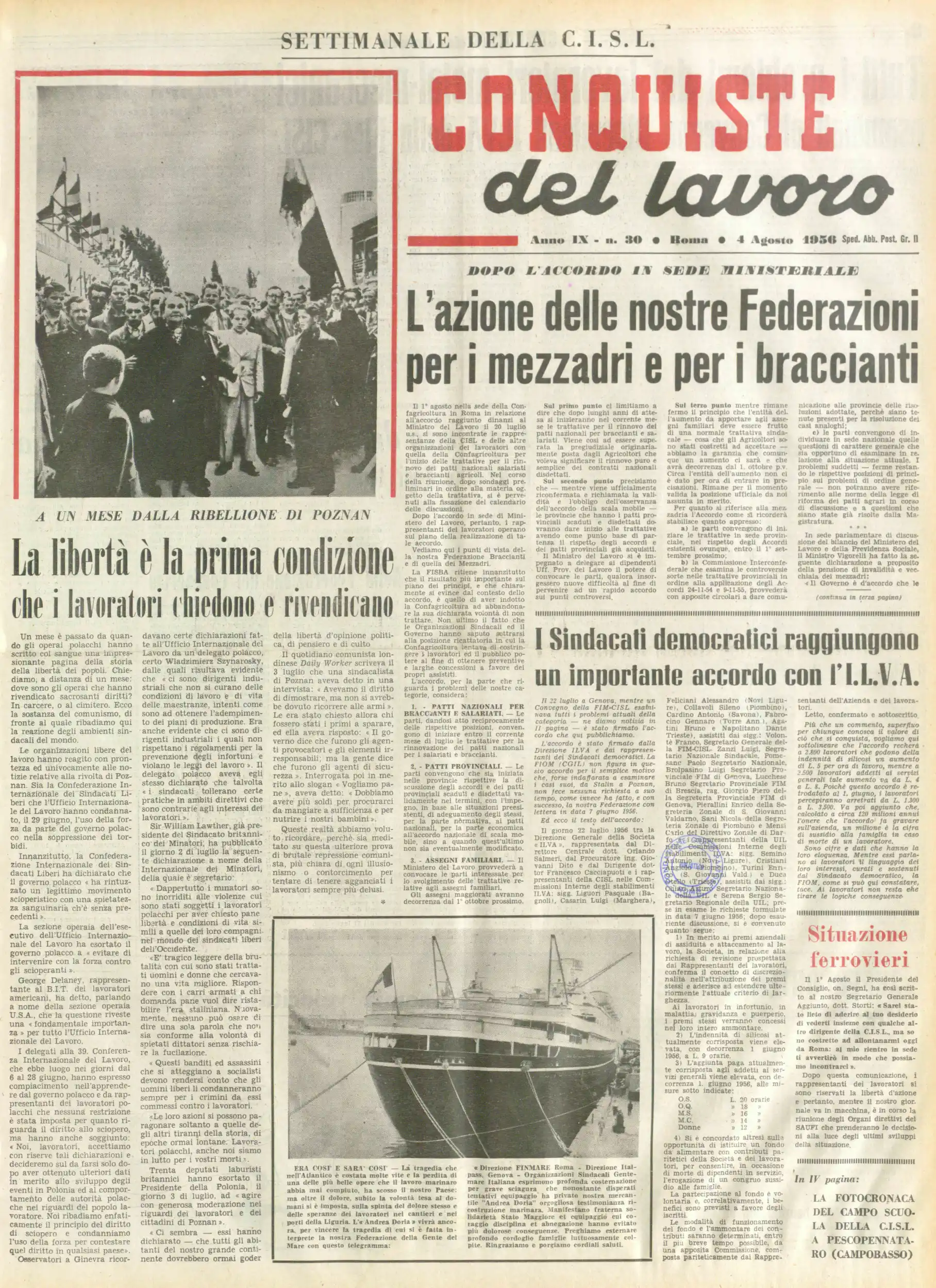 Conquiste del Lavoro del 04/08/1956 N. 30 Anno 9