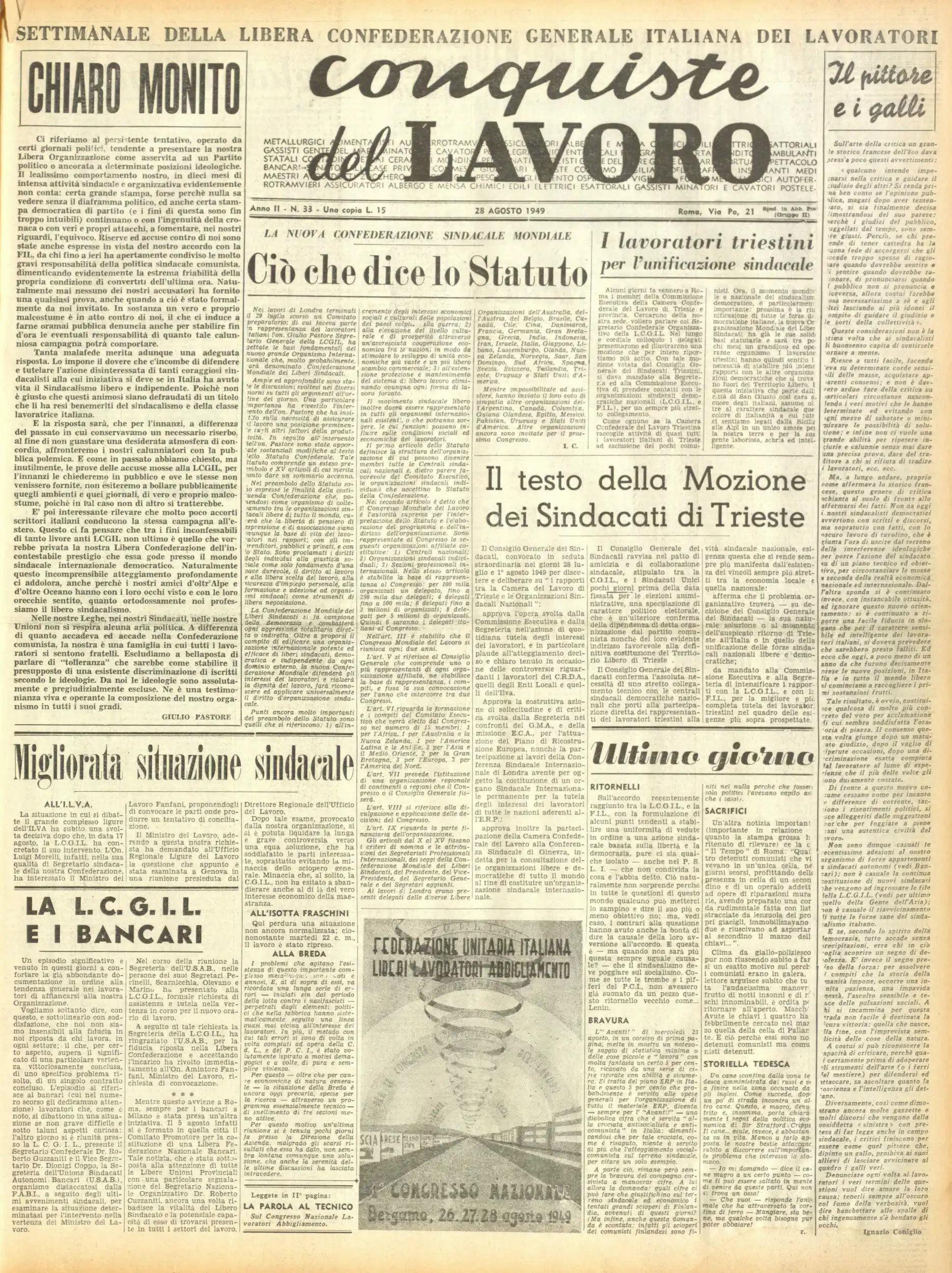 Conquiste del Lavoro del 28/08/1949 N. 33 Anno 2