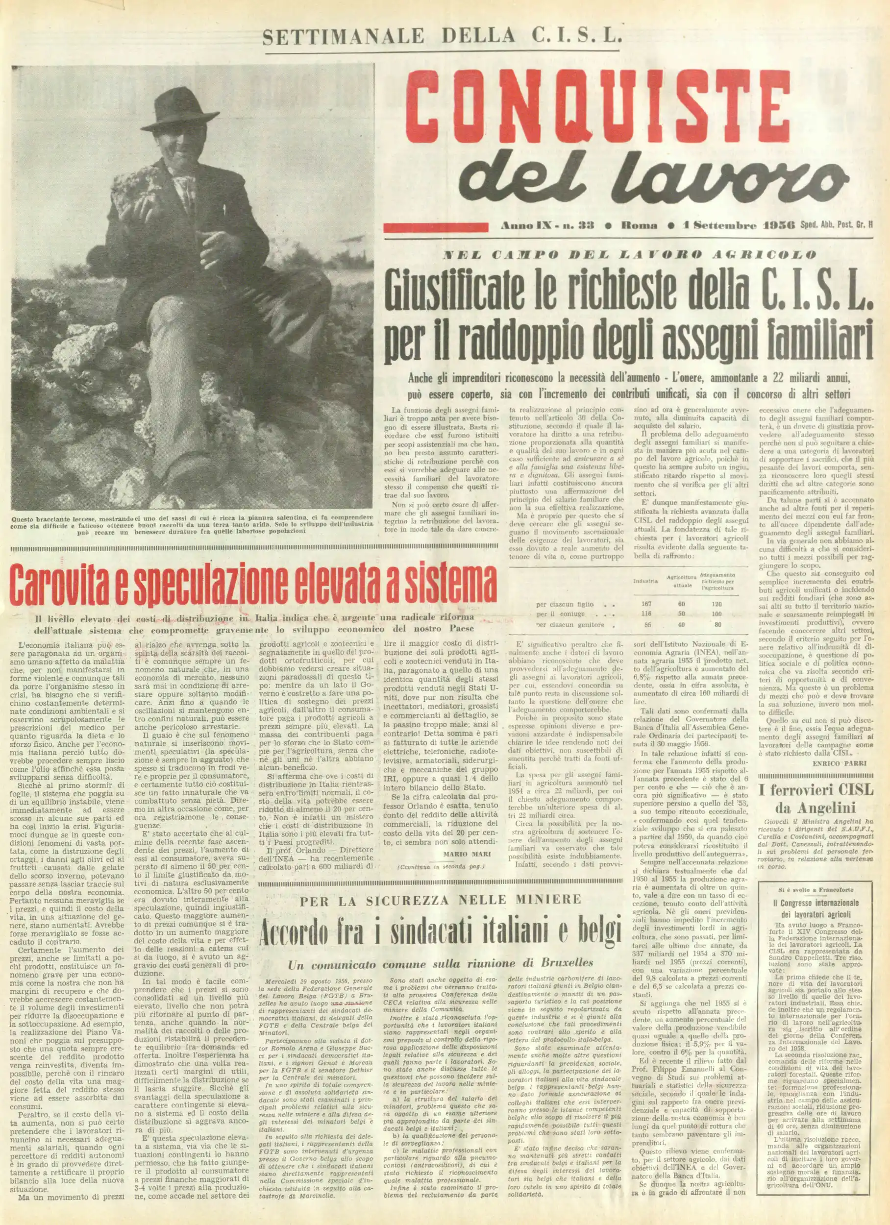 Conquiste del Lavoro del 01/09/1956 N. 33 Anno 9