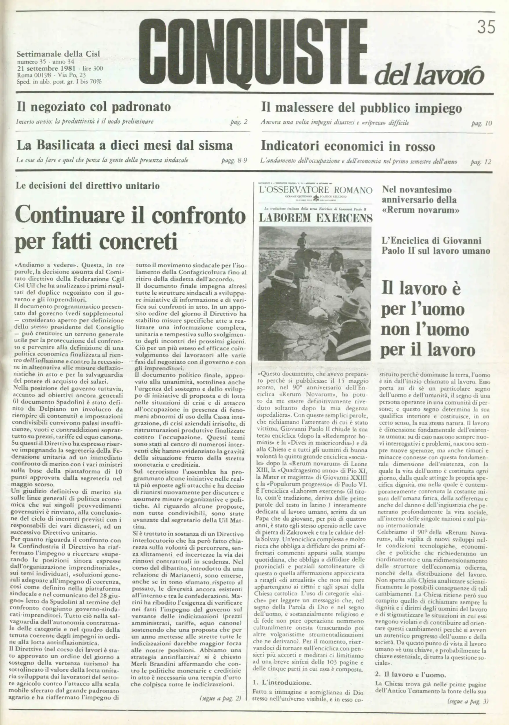 Conquiste del Lavoro del 21/09/1981 N. 35 Anno 34