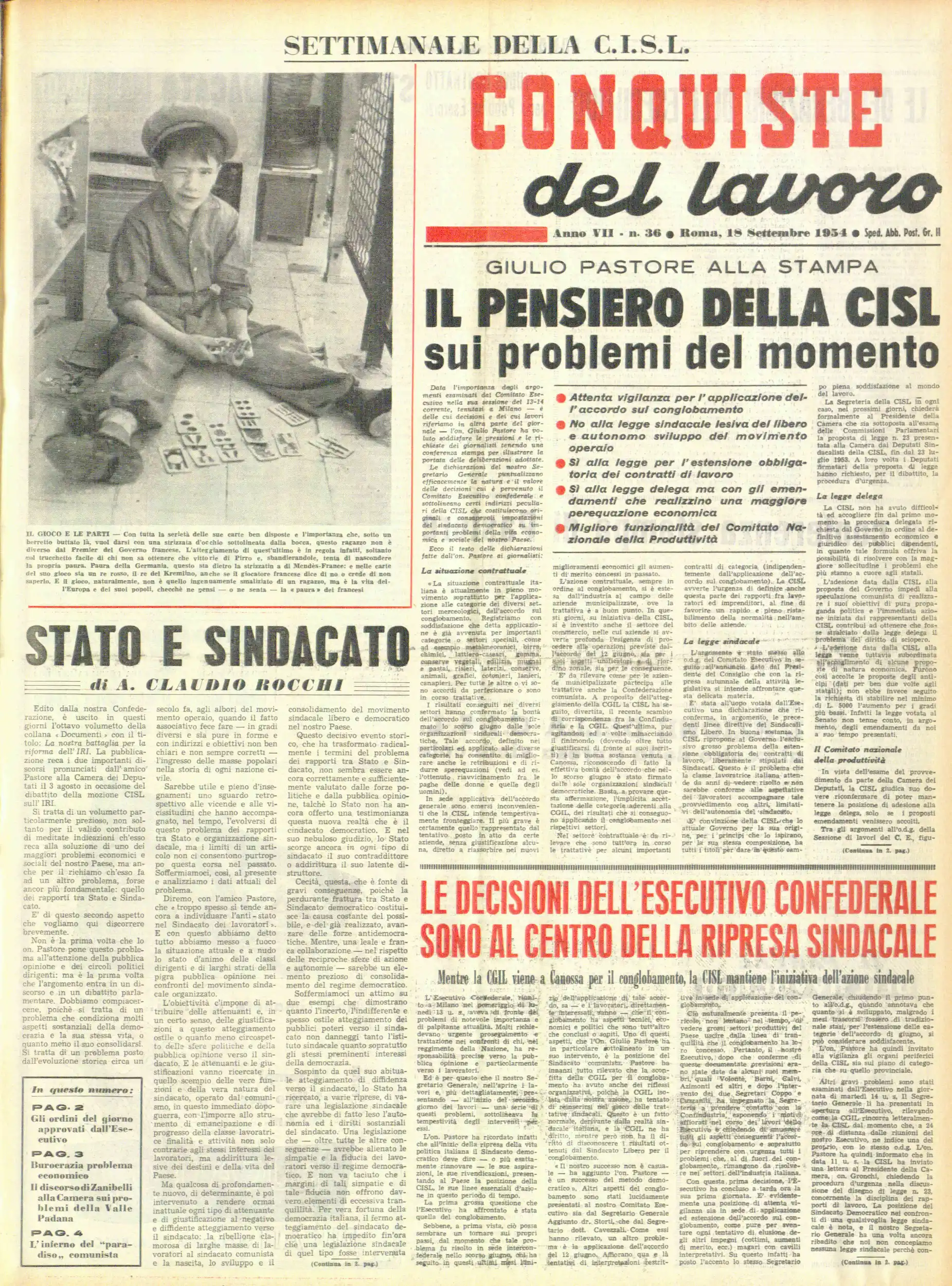 Conquiste del Lavoro del 18/09/1954 N. 36 Anno 7