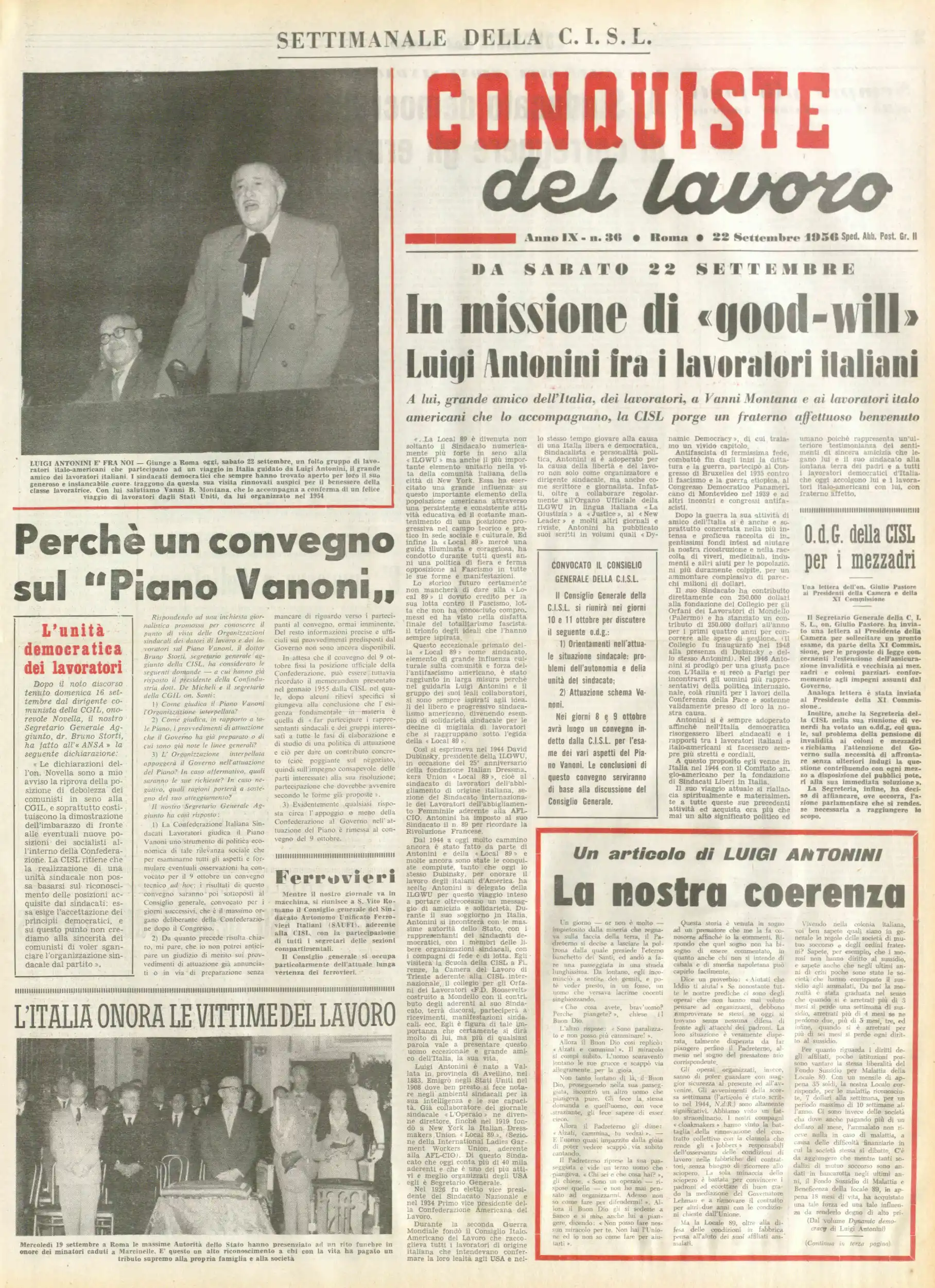 Conquiste del Lavoro del 22/09/1956 N. 36 Anno 9