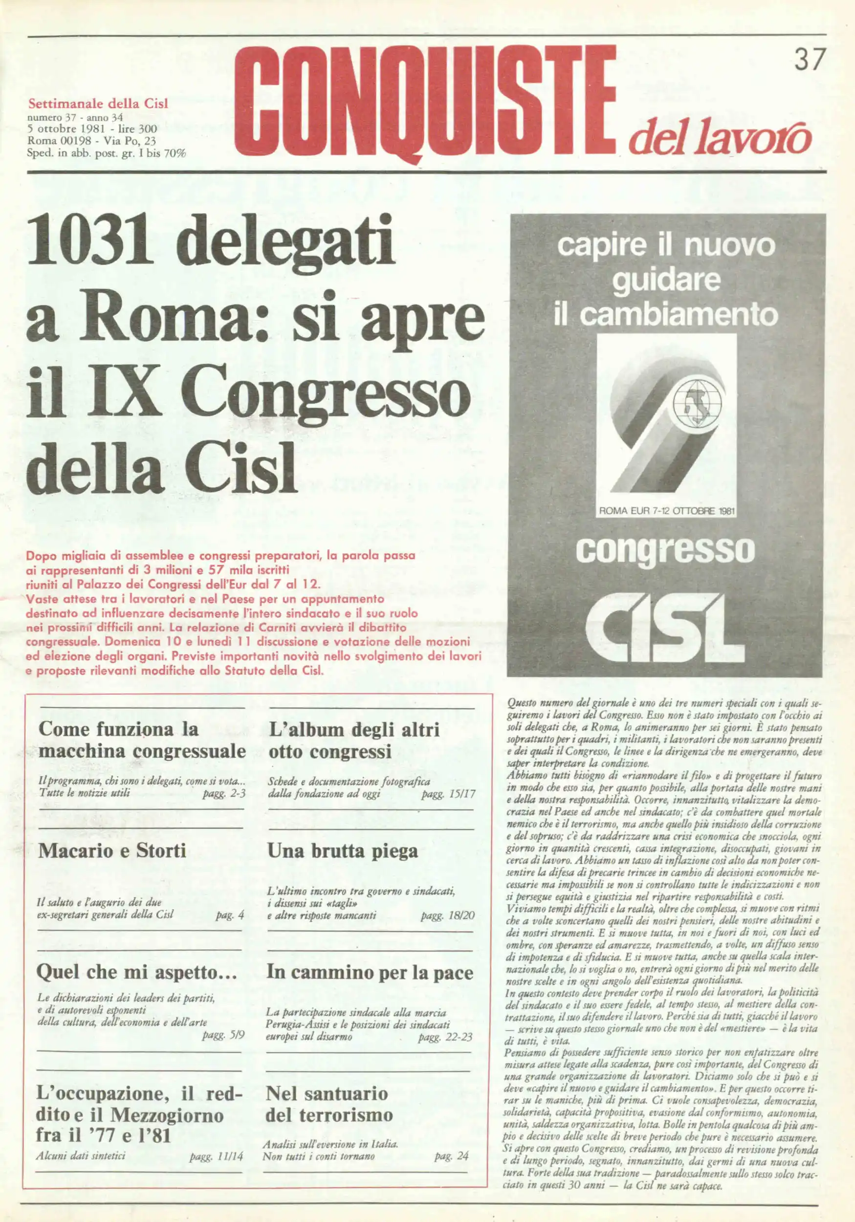 Conquiste del Lavoro del 05/10/1981 N. 37 Anno 34