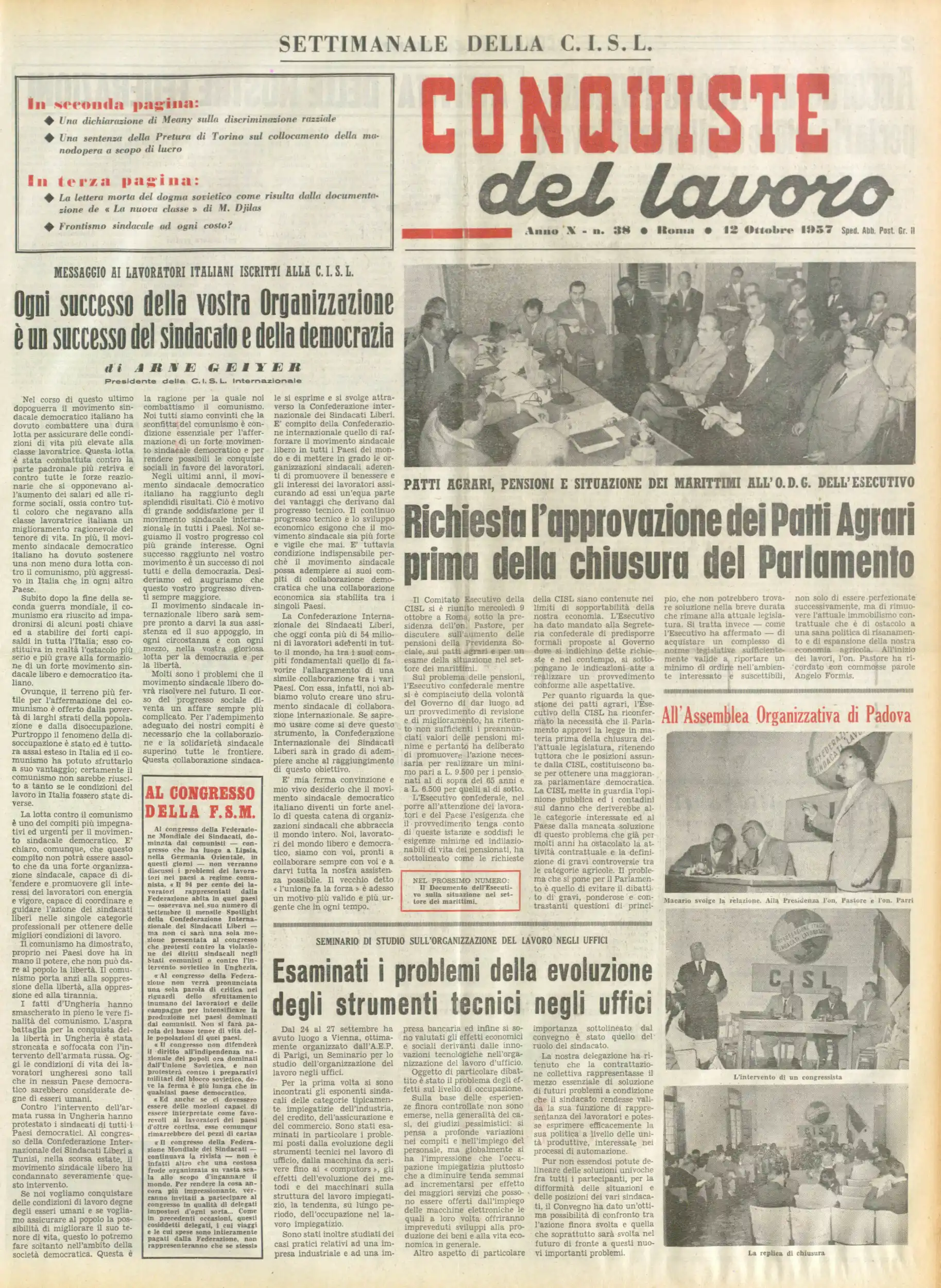 Conquiste del Lavoro del 12/10/1957 N. 38 Anno 10