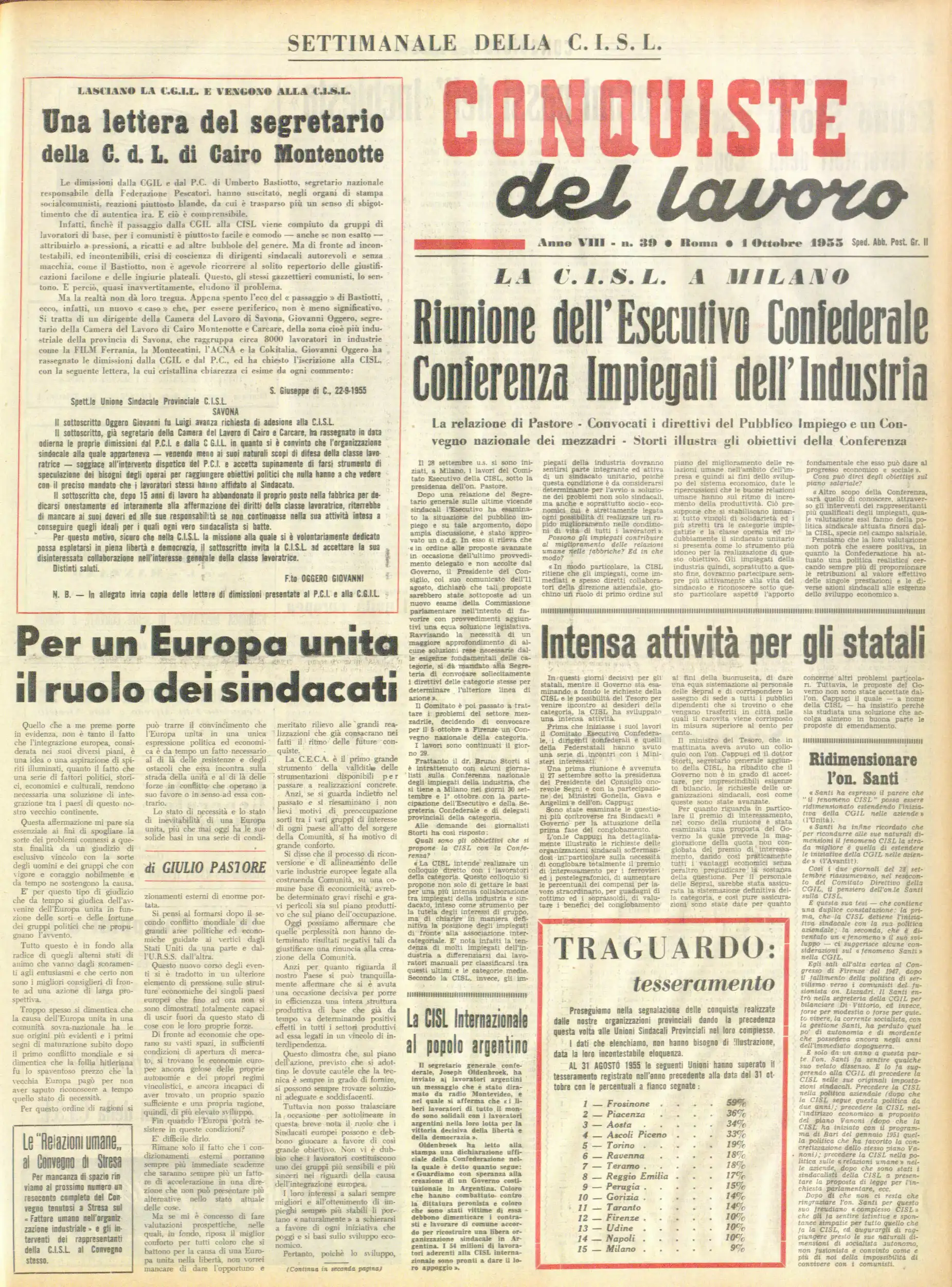 Conquiste del Lavoro del 01/10/1955 N. 39 Anno 8