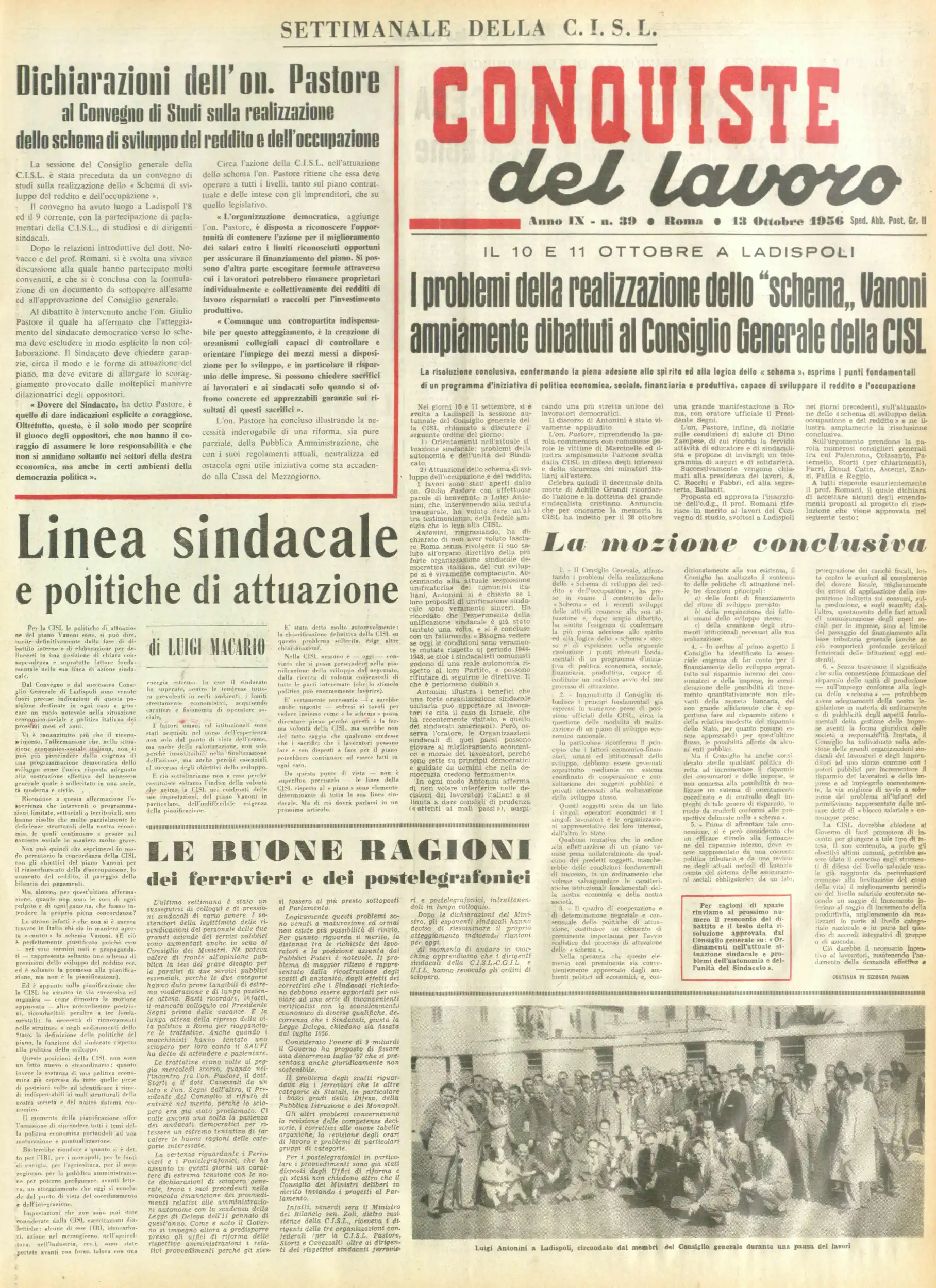 Conquiste del Lavoro del 13/10/1956 N. 39 Anno 9