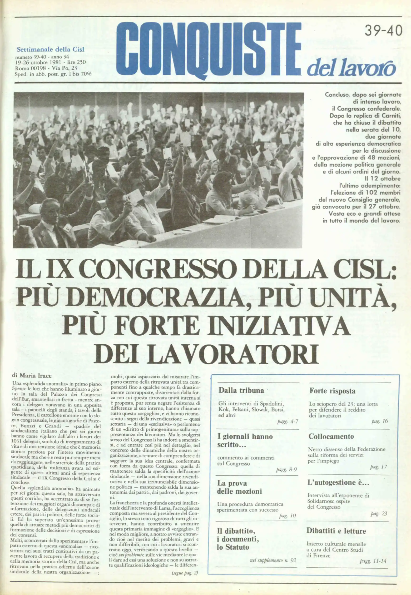 Conquiste del Lavoro del 19/10/1981 N. 39-40 Anno 34