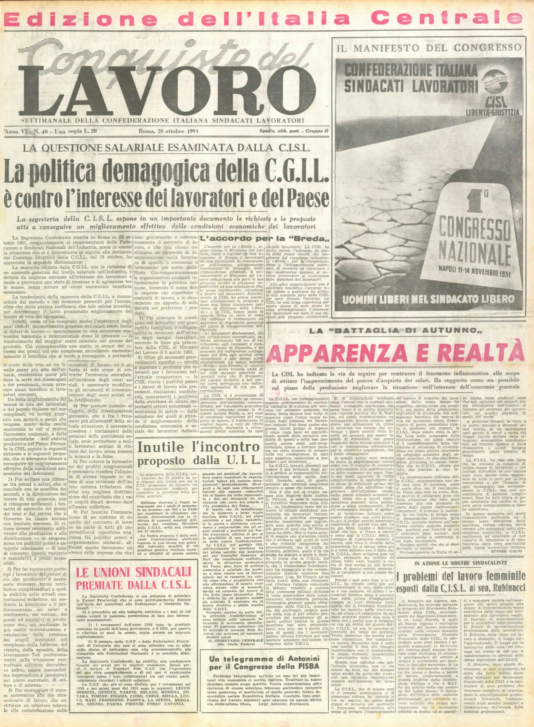 Conquiste del Lavoro del 28/10/1951 N. 40 Anno 4