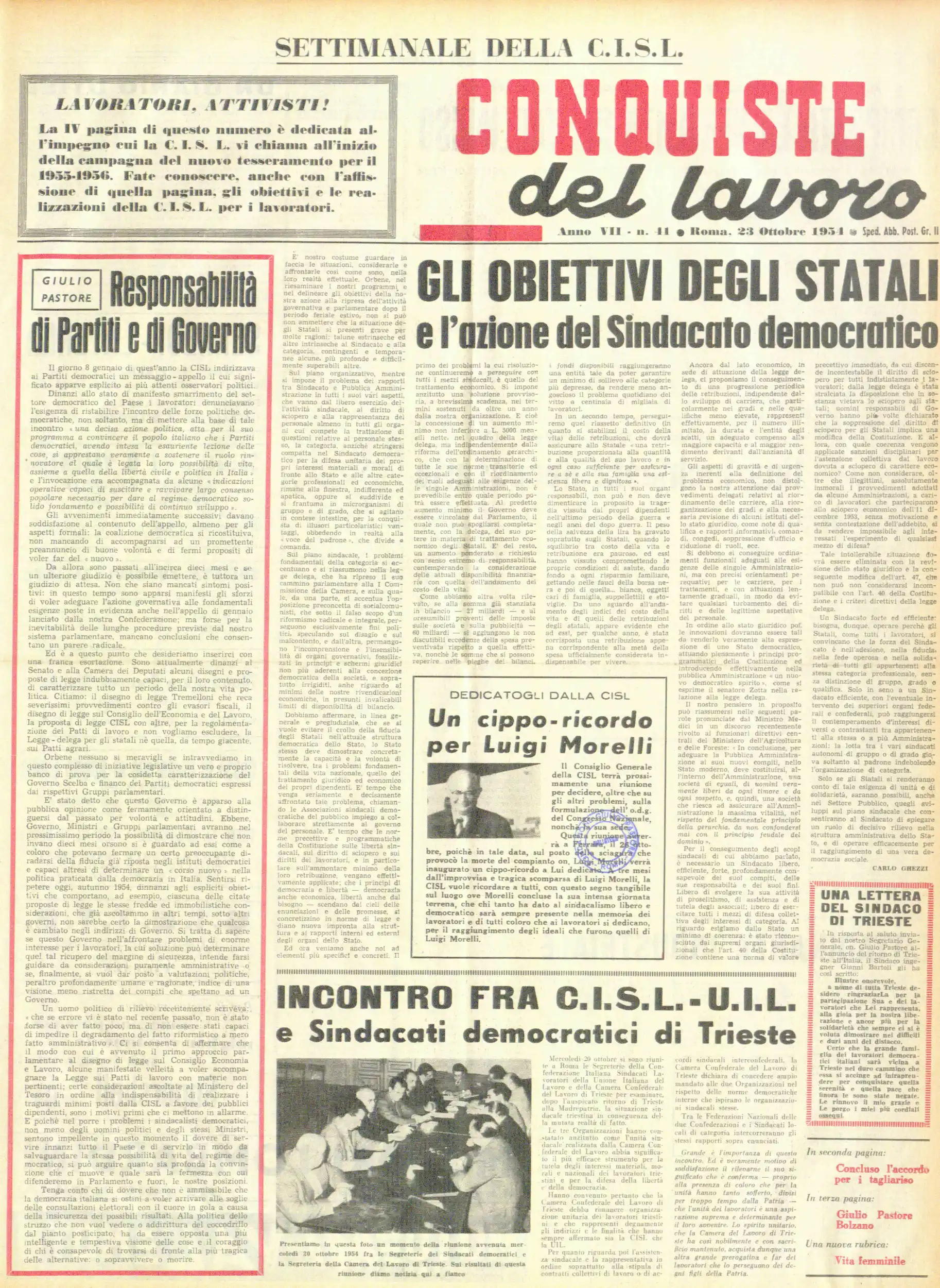 Conquiste del Lavoro del 23/10/1954 N. 41 Anno 7