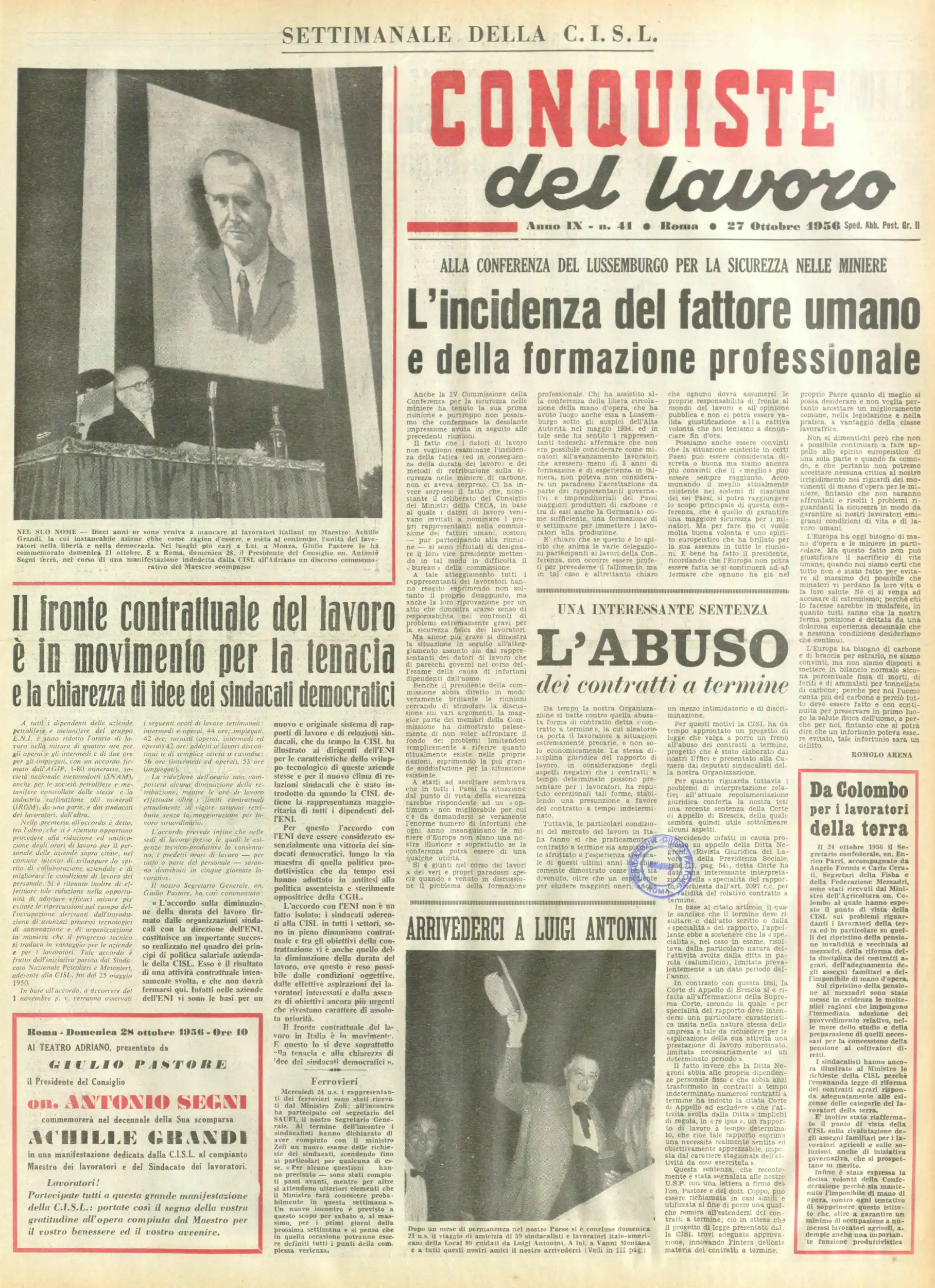 Conquiste del Lavoro del 27/10/1956 N. 41 Anno 9