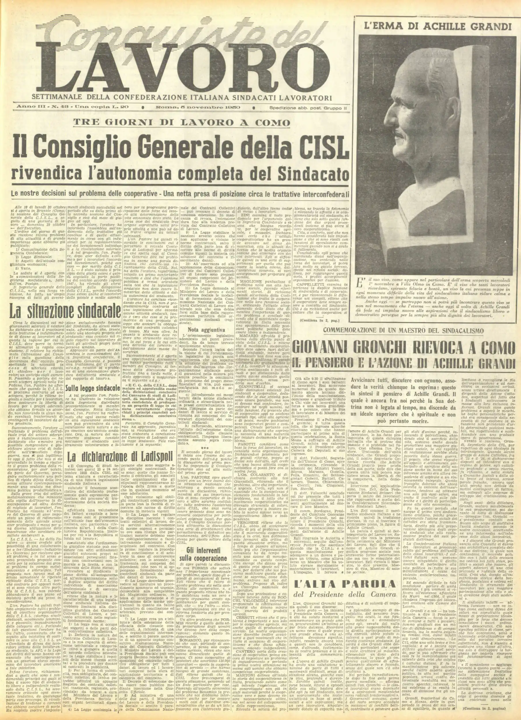 Conquiste del Lavoro del 05/11/1950 N. 43 Anno 3