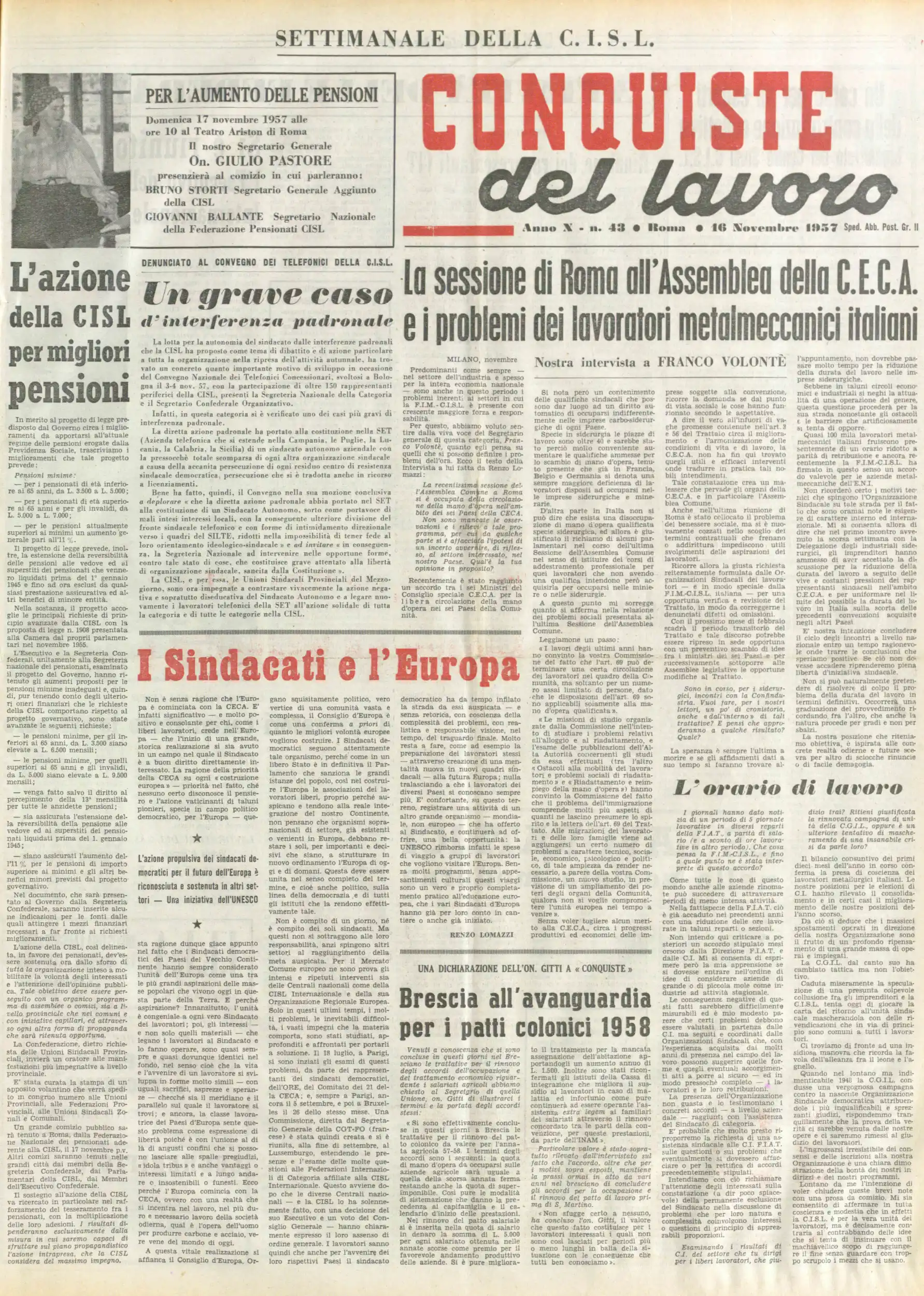Conquiste del Lavoro del 16/11/1957 N. 43 Anno 10