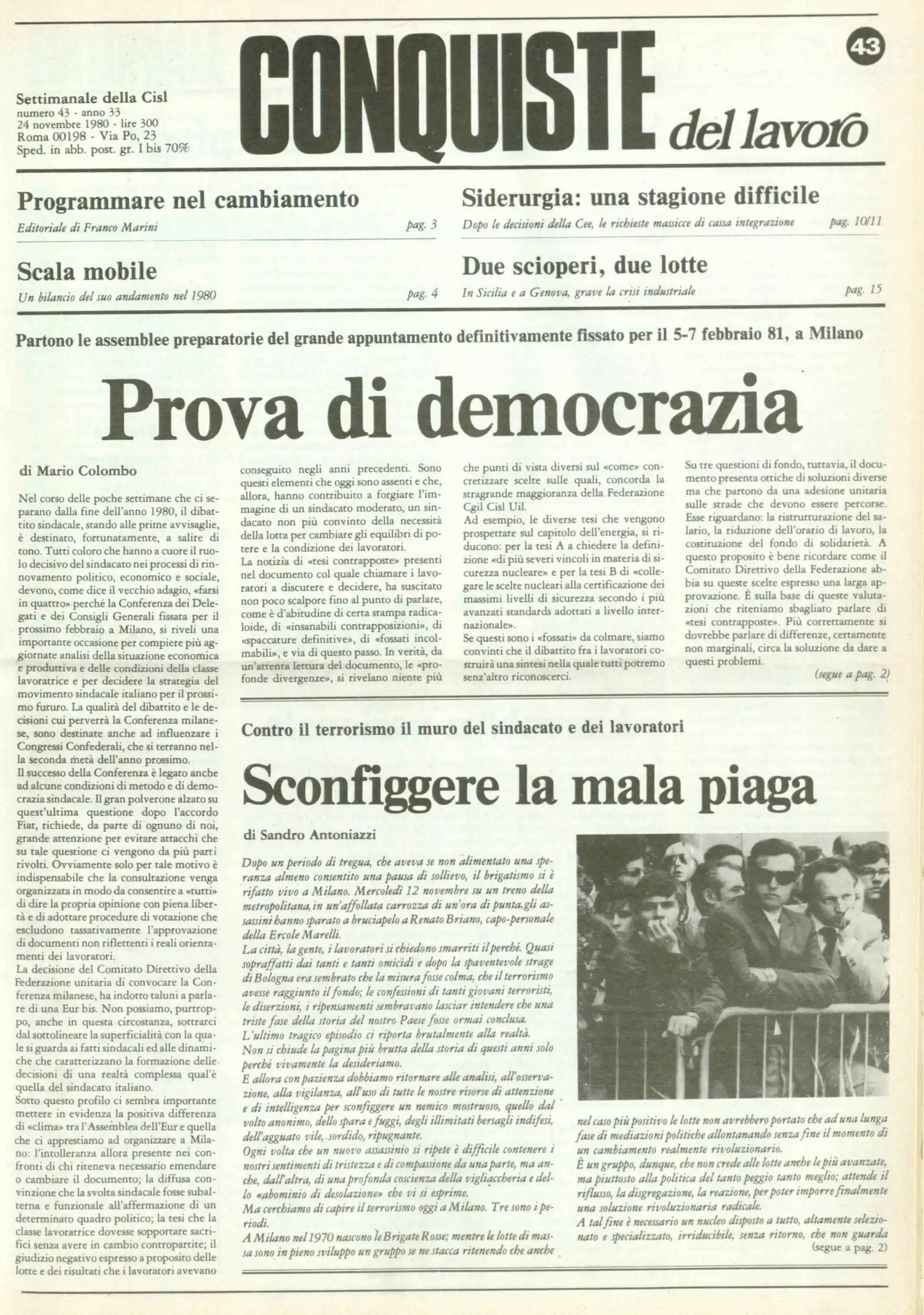 Conquiste del Lavoro del 24/11/1980 N. 43 Anno 33