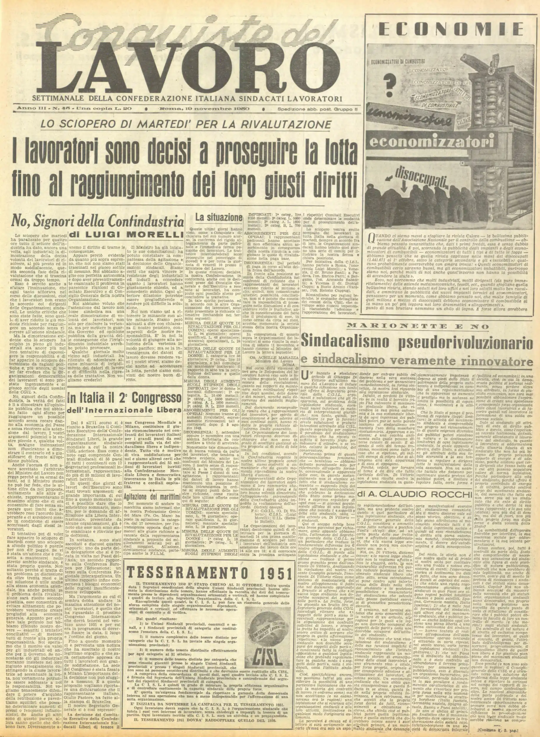 Conquiste del Lavoro del 19/11/1950 N. 45 Anno 3
