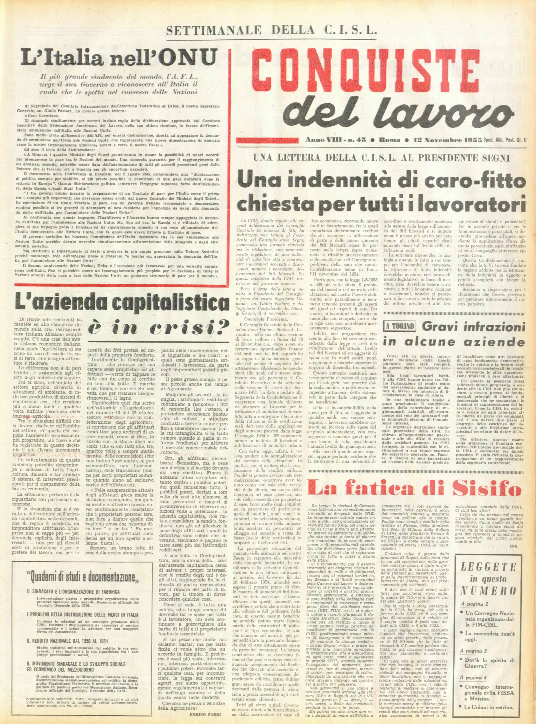 Conquiste del Lavoro del 12/11/1955 N. 45 Anno 8