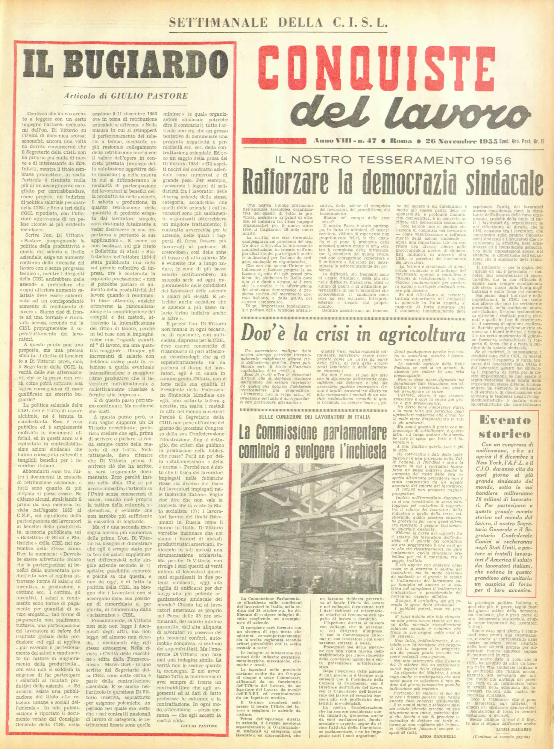 Conquiste del Lavoro del 26/11/1955 N. 47 Anno 8