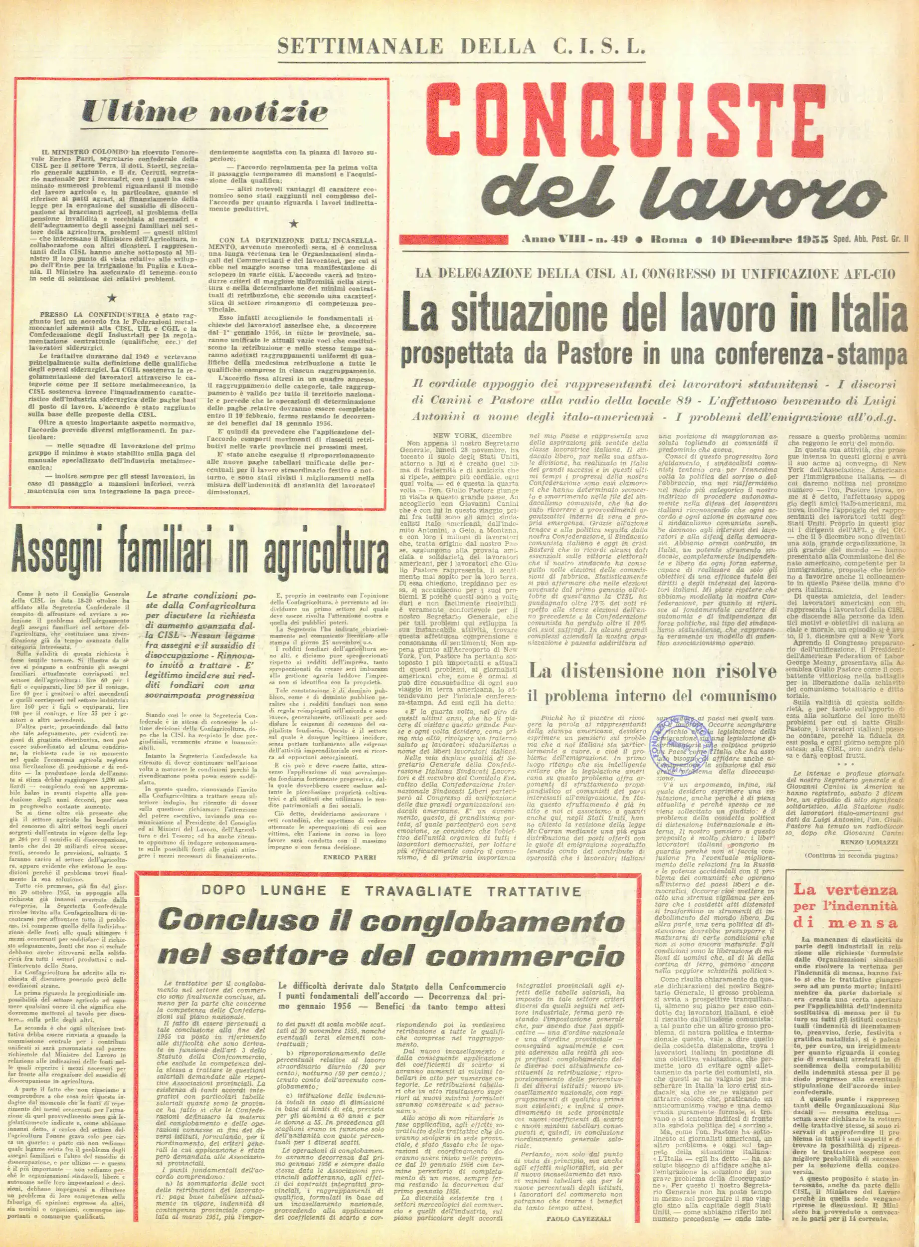 Conquiste del Lavoro del 10/12/1955 N. 49 Anno 8