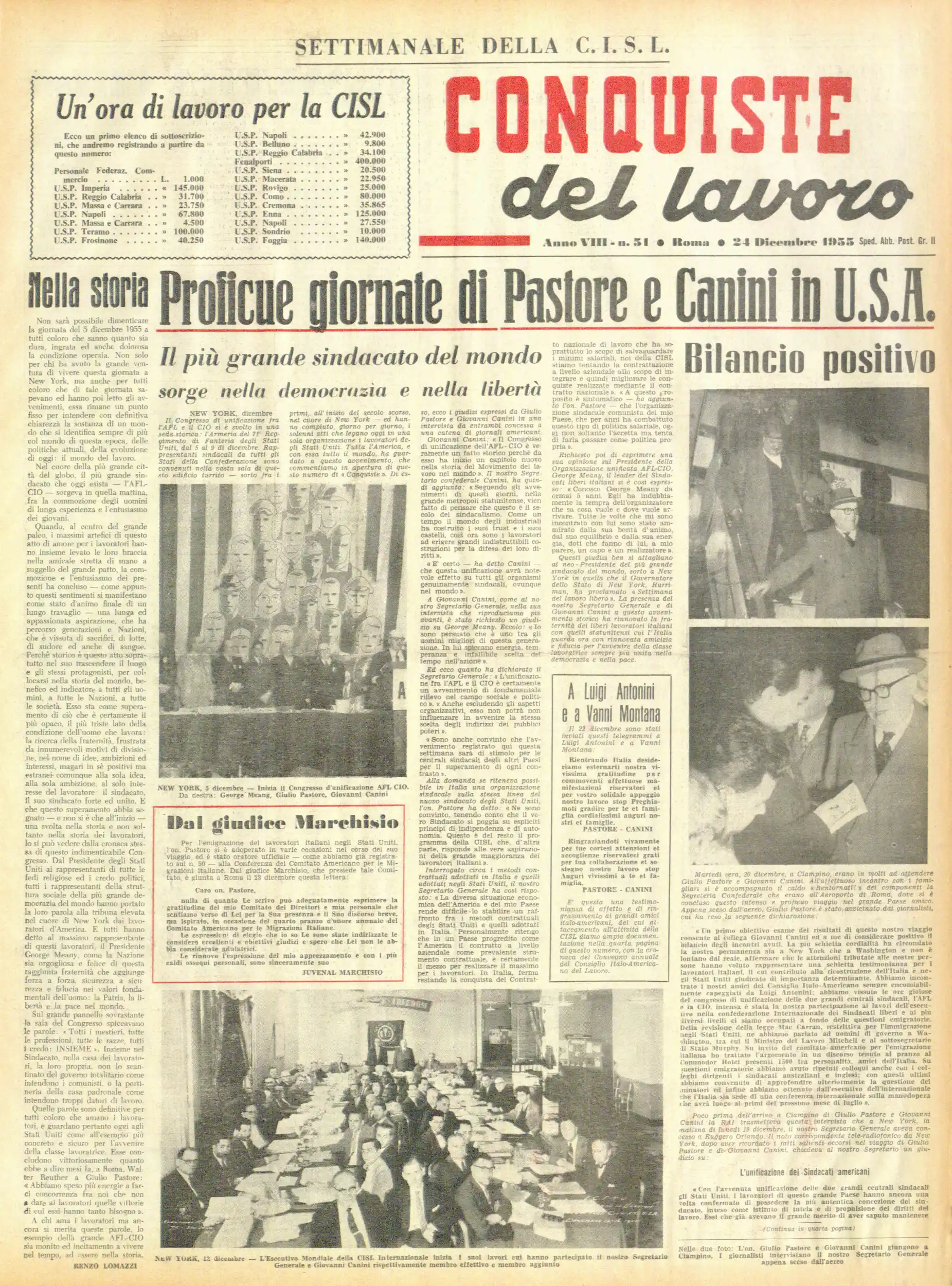 Conquiste del Lavoro del 24/12/1955 N. 51 Anno 8