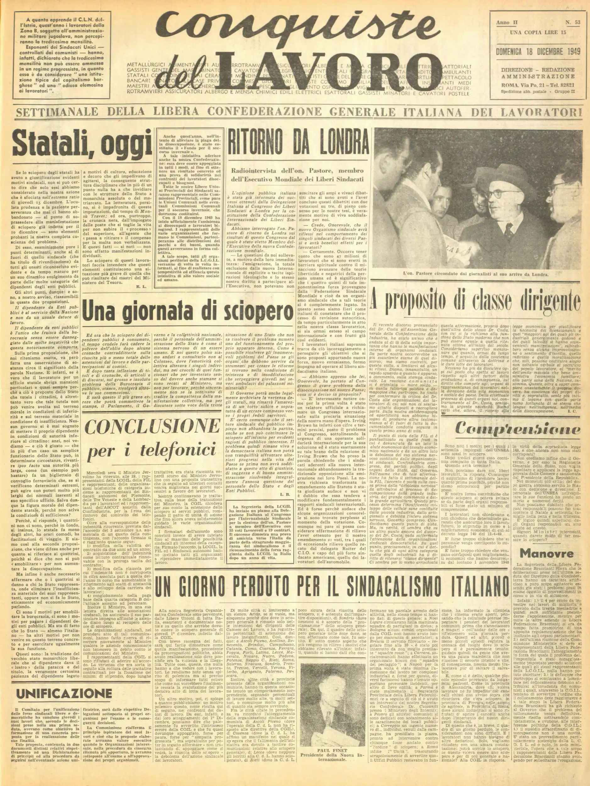 Conquiste del Lavoro del 18/12/1949 N. 53 Anno 2